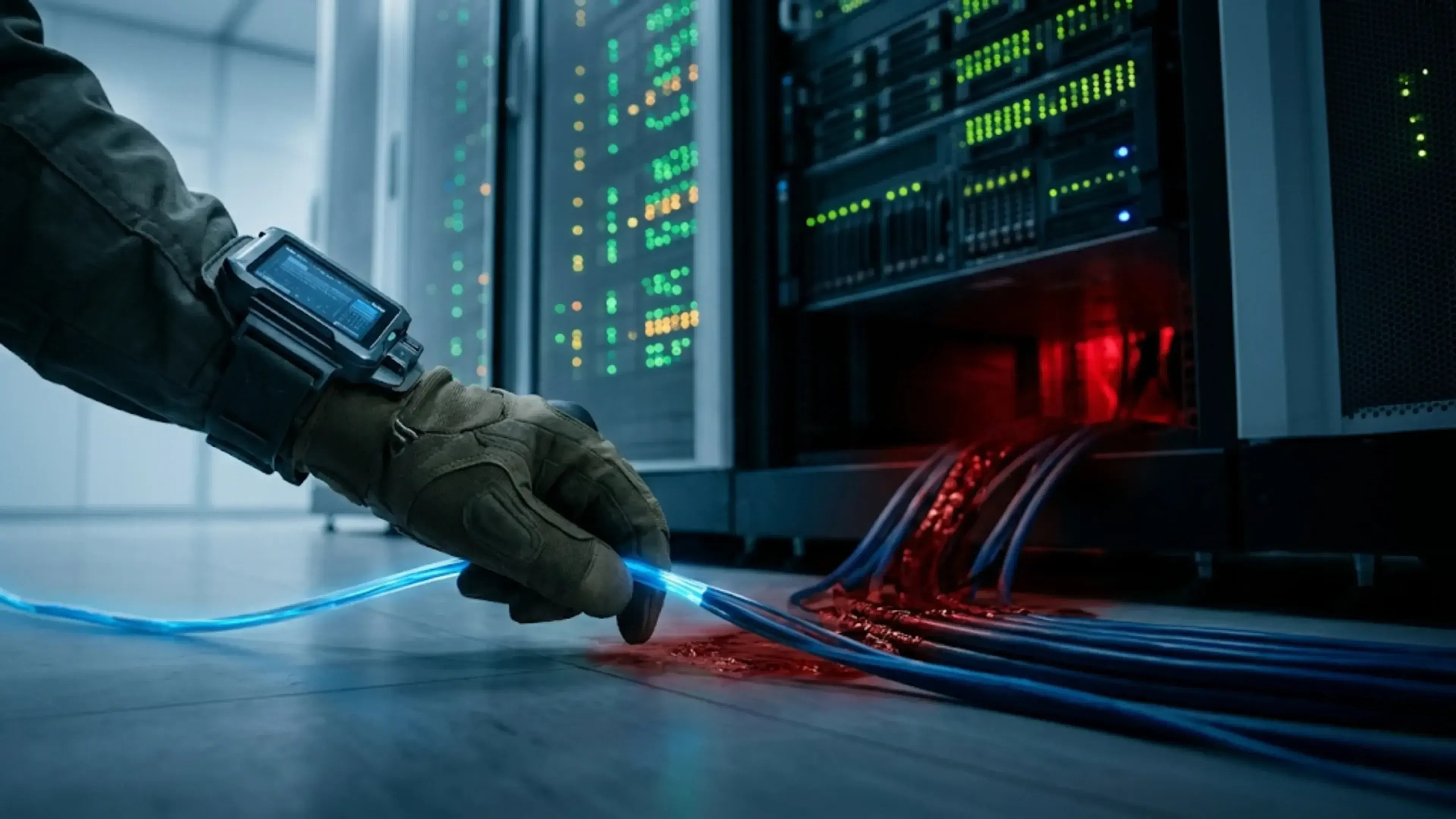Técnico con guantes conecta cable de fibra óptica azul en servidor de datos con luces indicadoras verdes, amarillas y rojas en centro de cómputo.