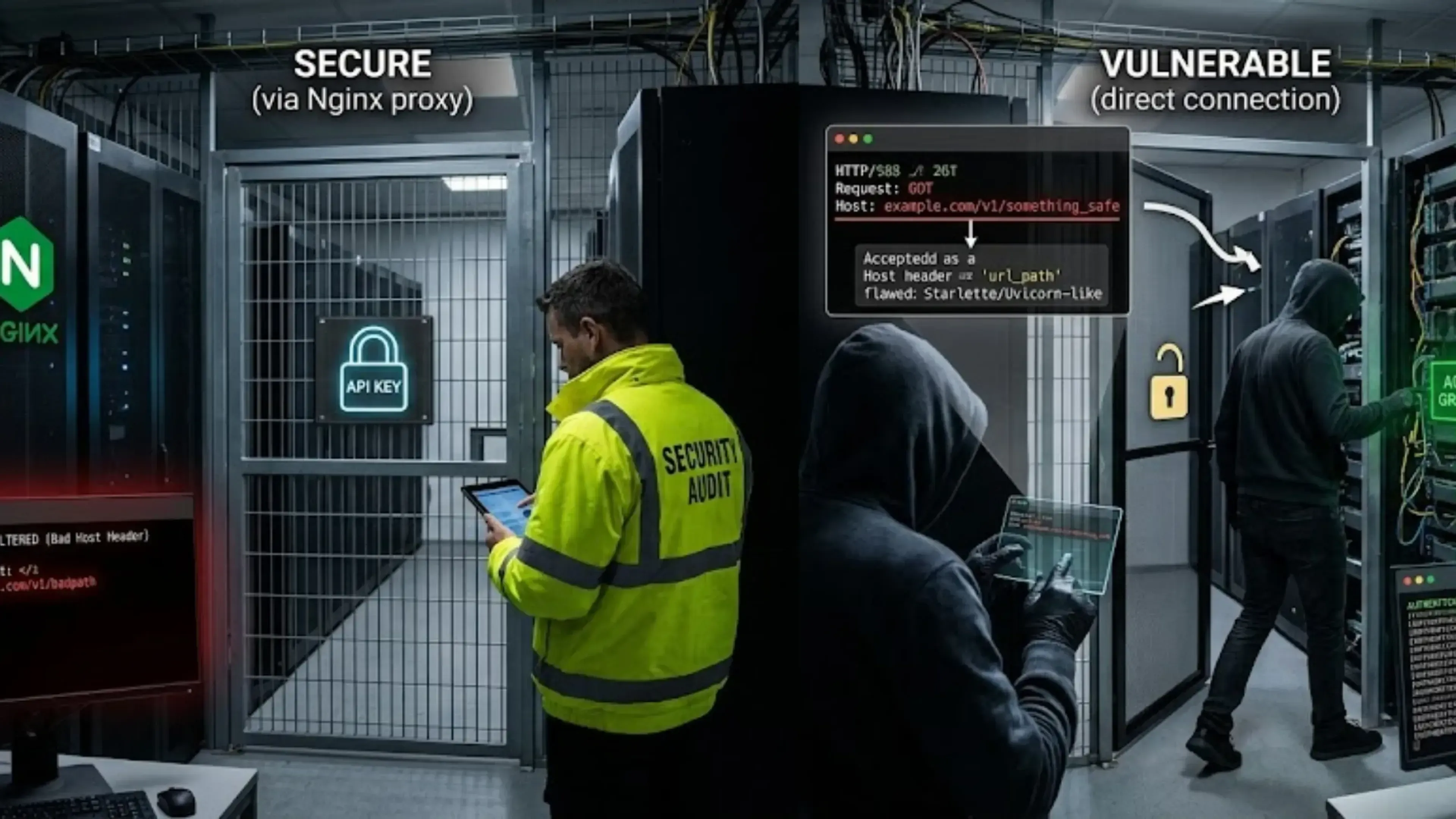 Imagen dividida de un centro de datos. A la izquierda, un sistema seguro auditado con un proxy Nginx bloquea accesos. A la derecha, un hacker piratea un sistema vLLM vulnerable mediante una inyección de cabeceras de host que omite la autenticación.