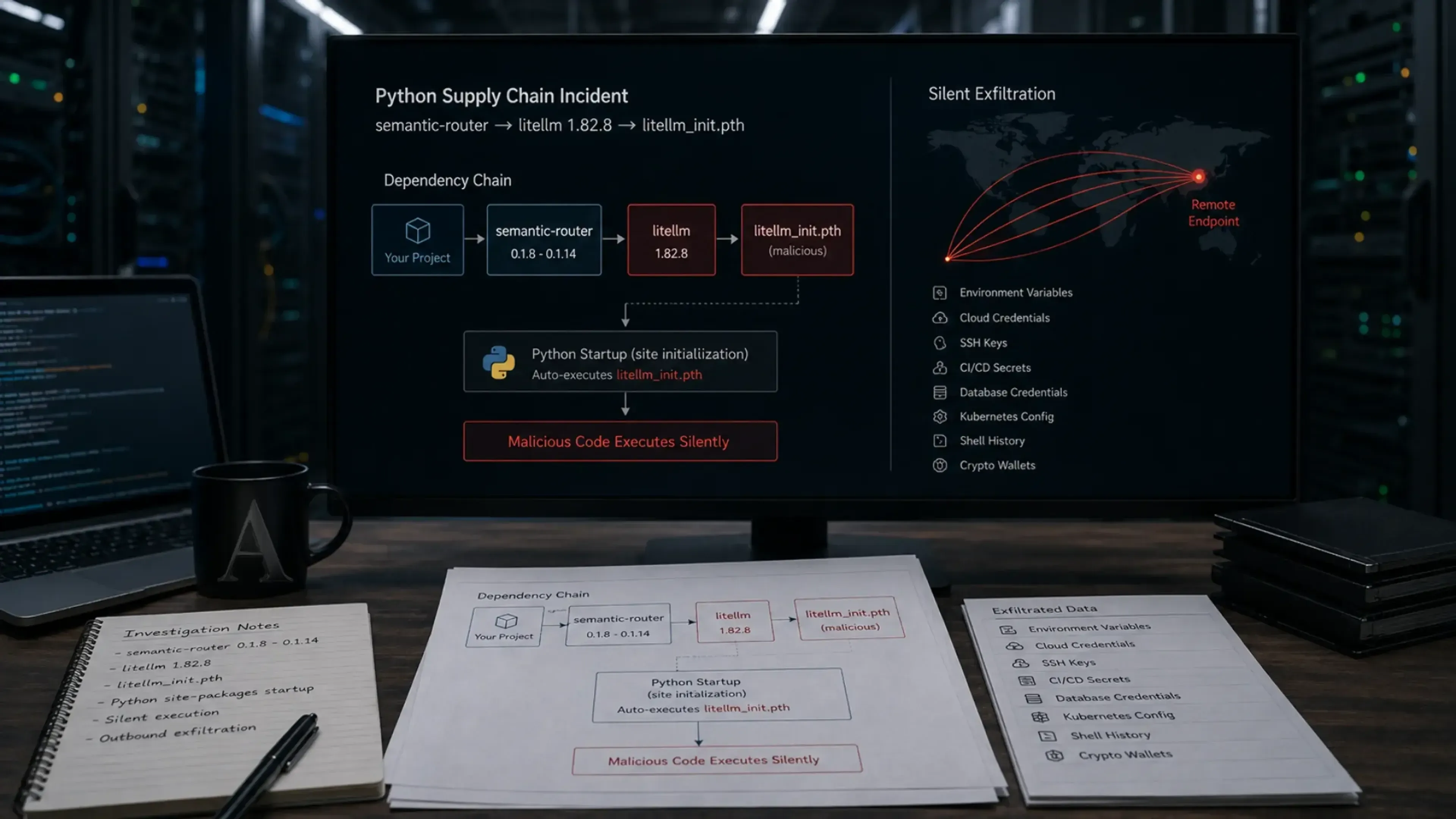 Escena periodística de ciberseguridad: una mesa de análisis muestra la cadena semantic-router → litellm 1.82.8 → litellm_init.pth y la exfiltración silenciosa de secretos desde un entorno Python comprometido.