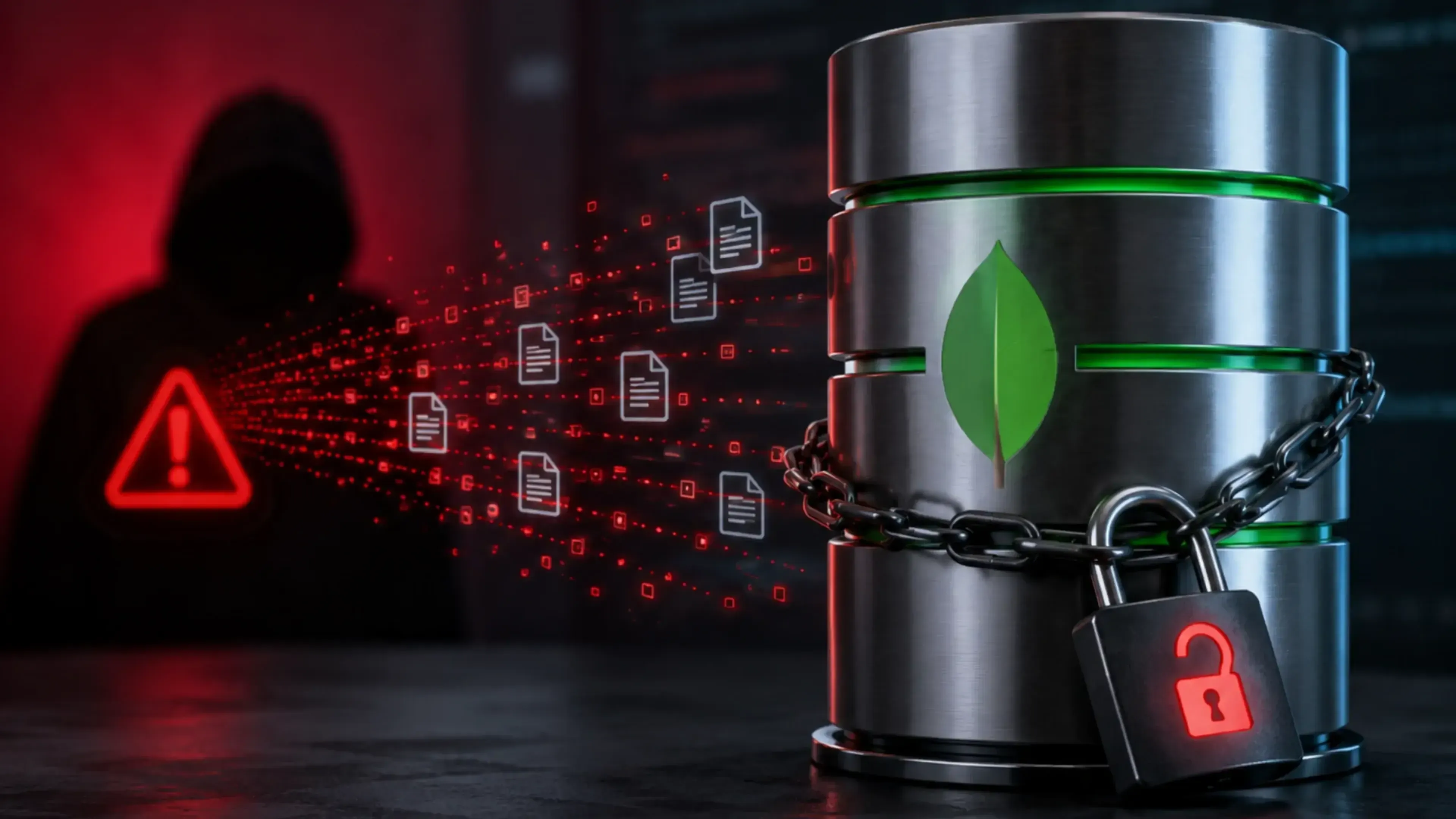 Base de datos metálica con símbolo de MongoDB, rodeada por una cadena y un candado abierto, mientras archivos digitales rojos salen hacia una figura en sombra, sugiriendo una fuga de datos.