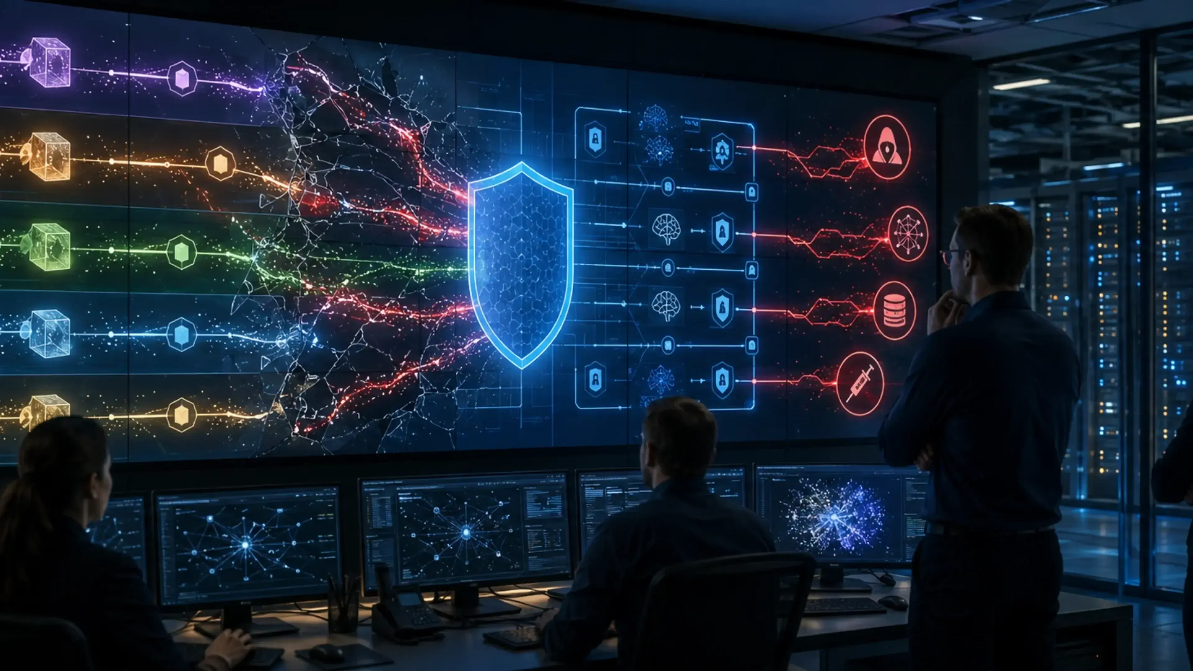 Equipo de seguridad observa un panel de control donde varios entornos de clientes aparecen separados por barreras digitales, mientras flujos rojos de ataque son bloqueados por una defensa central.