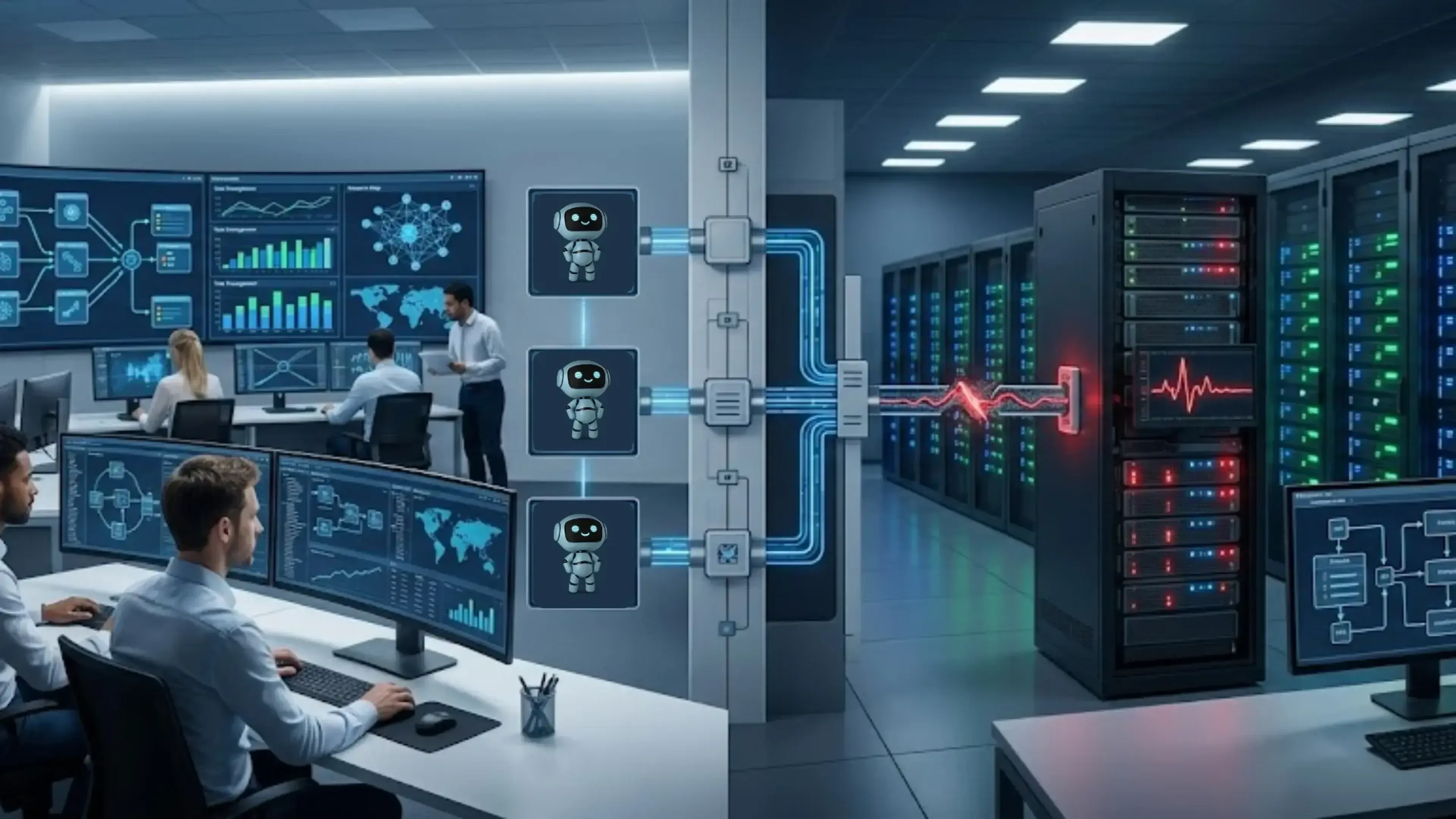 Centro de control tecnológico con empleados monitoreando sistemas, servidores de datos y robots de inteligencia artificial conectados mediante flujos de datos azules y rojos en una sala de operaciones moderna.