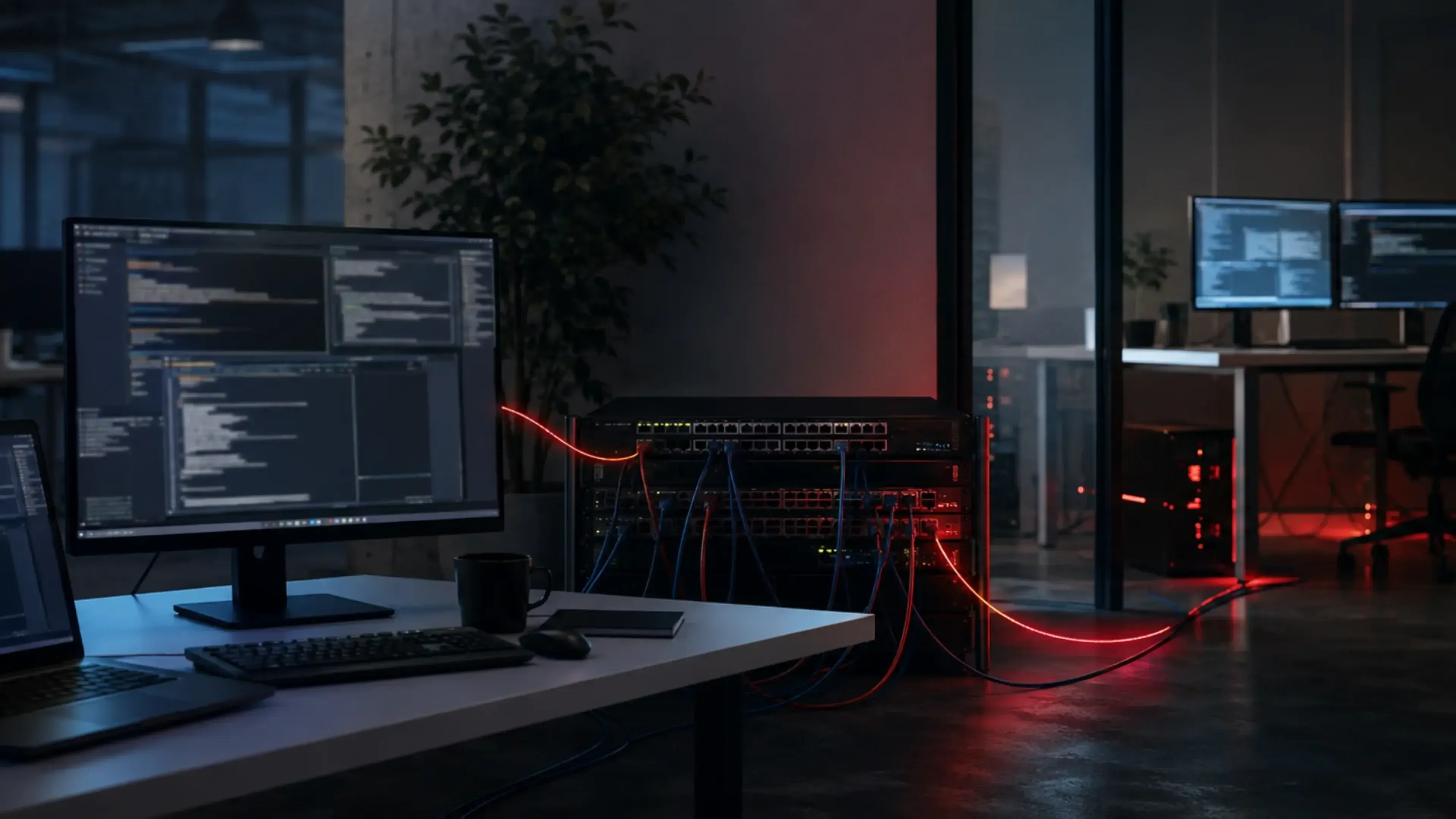 Oficina tecnológica nocturna con varios monitores, un rack de red iluminado en rojo y cables que conectan dos puestos separados, sugiriendo desvío de tráfico y secuestro de sesiones en un entorno de trabajo remoto.