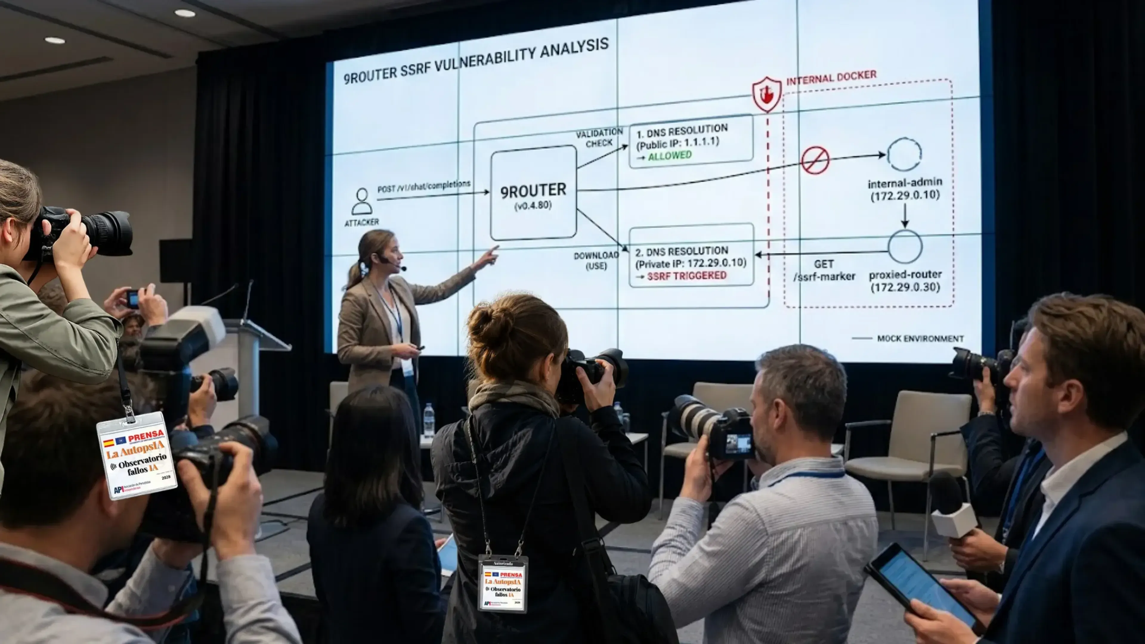 Presentadora señala pantalla con diagrama sobre vulnerabilidad SSRF en 9ROUTER. Ilustra cómo un ataque de DNS Rebinding evade la validación de IP para acceder a red interna. Periodistas con cámaras y flashes en primer plano grabando.