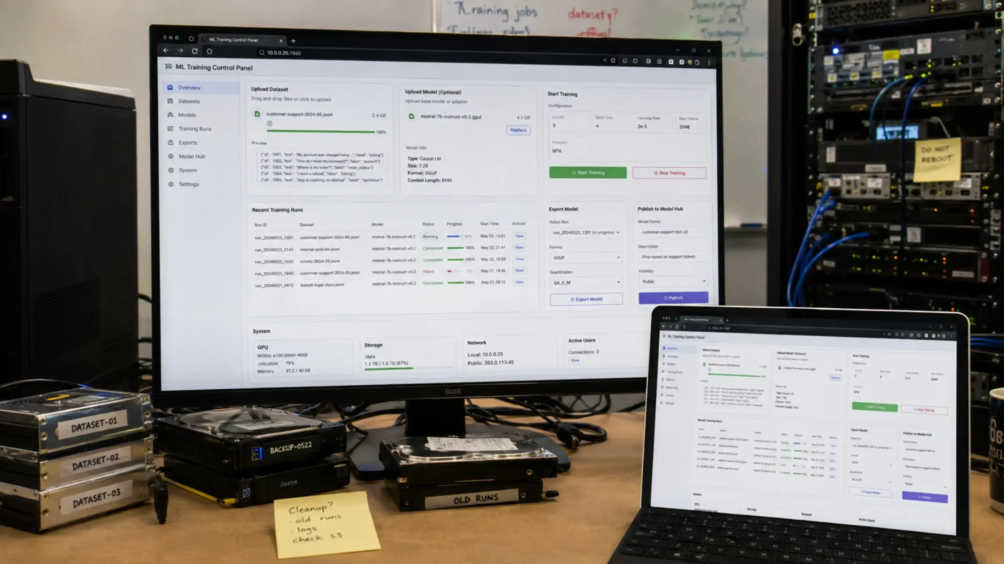 Panel de entrenamiento de IA abierto en una oficina técnica, con datasets visibles, controles de ejecución y publicación de modelos, otro dispositivo conectado y servidores al fondo, reflejando una UI sin autenticación real.