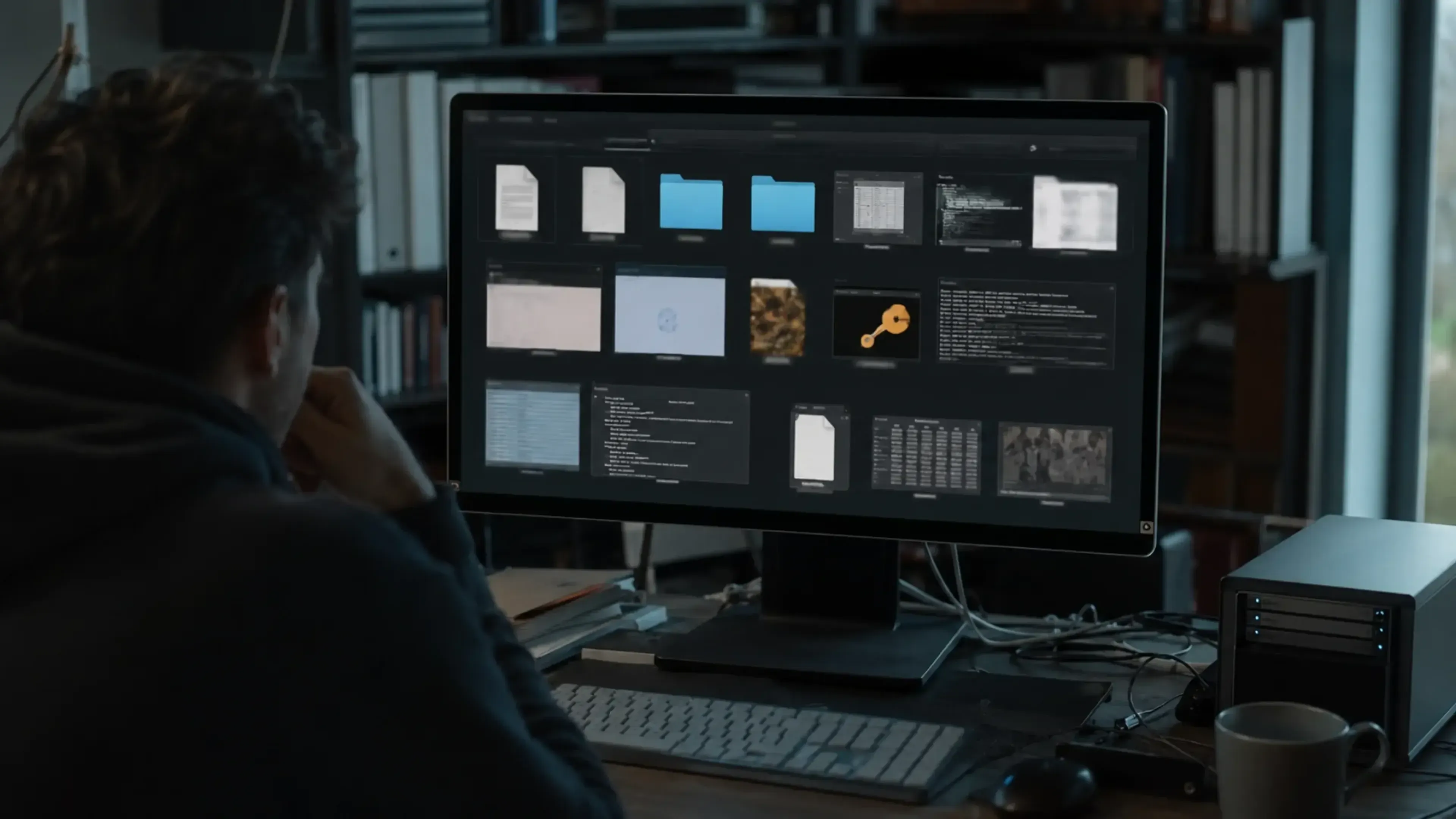Desarrollador frente a un monitor con archivos locales expuestos y un pequeño servidor en la mesa, representando una lectura arbitraria de archivos en un servidor MCP.