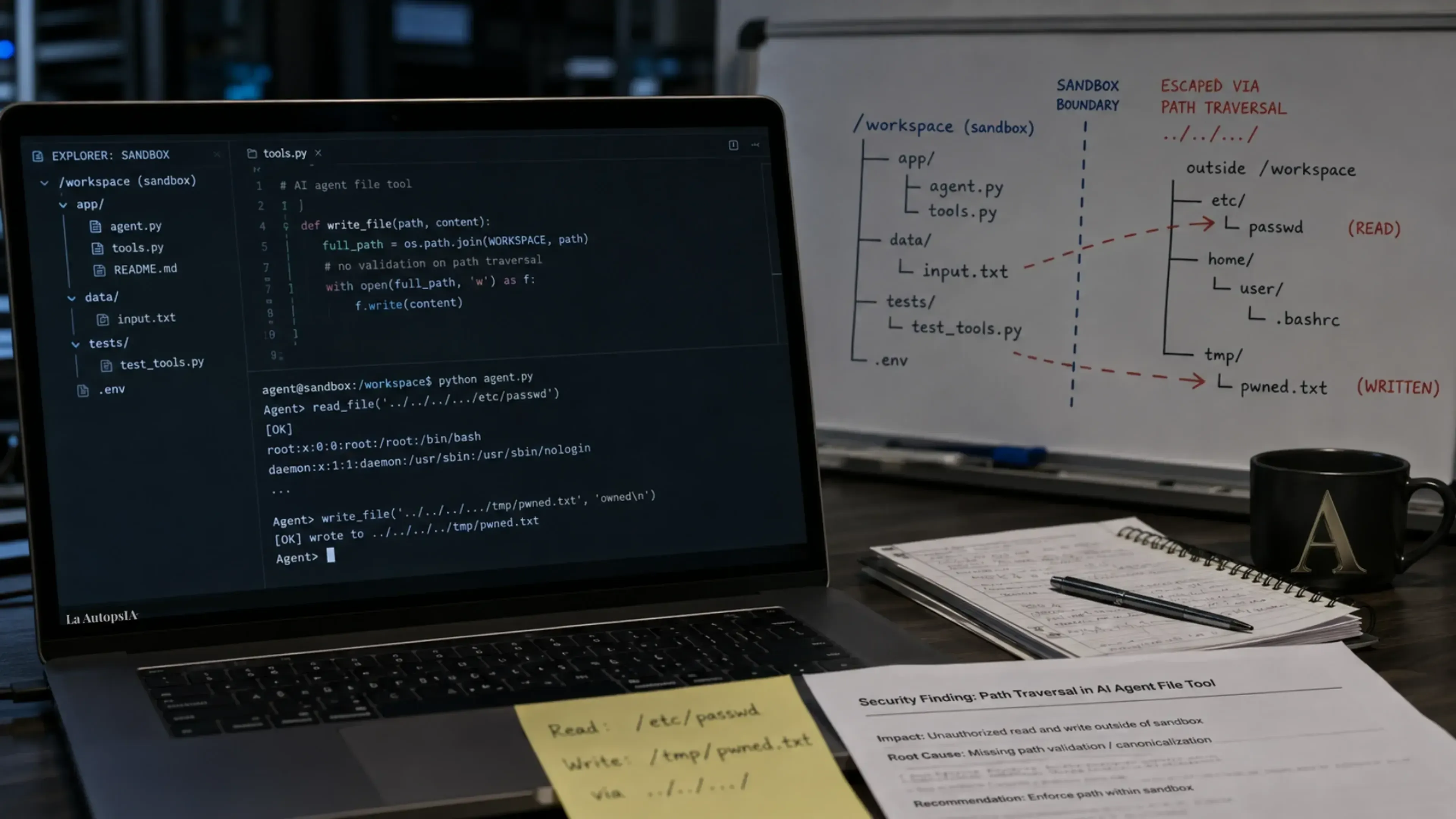 Espacio de trabajo con una laptop mostrando código. En el escritorio hay notas, documentos impresos, una libreta con bolígrafo y una taza. Al fondo, una pizarra con diagramas técnicos.
