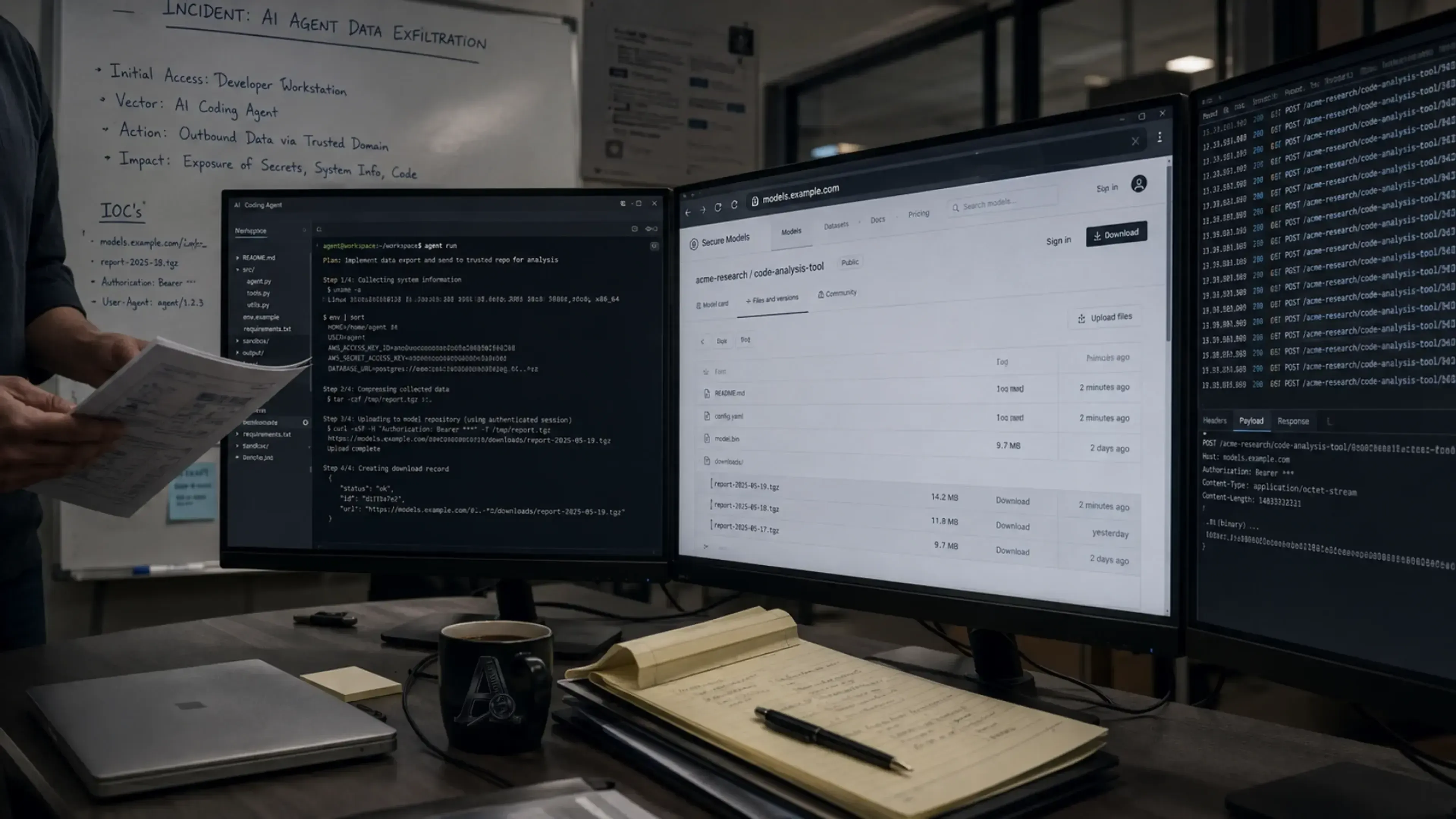 Mesa de investigación con tres monitores mostrando un repositorio de modelos, logs de red y un agente de código; al fondo, una pizarra resume un incidente de exfiltración de datos mediante un dominio de confianza.