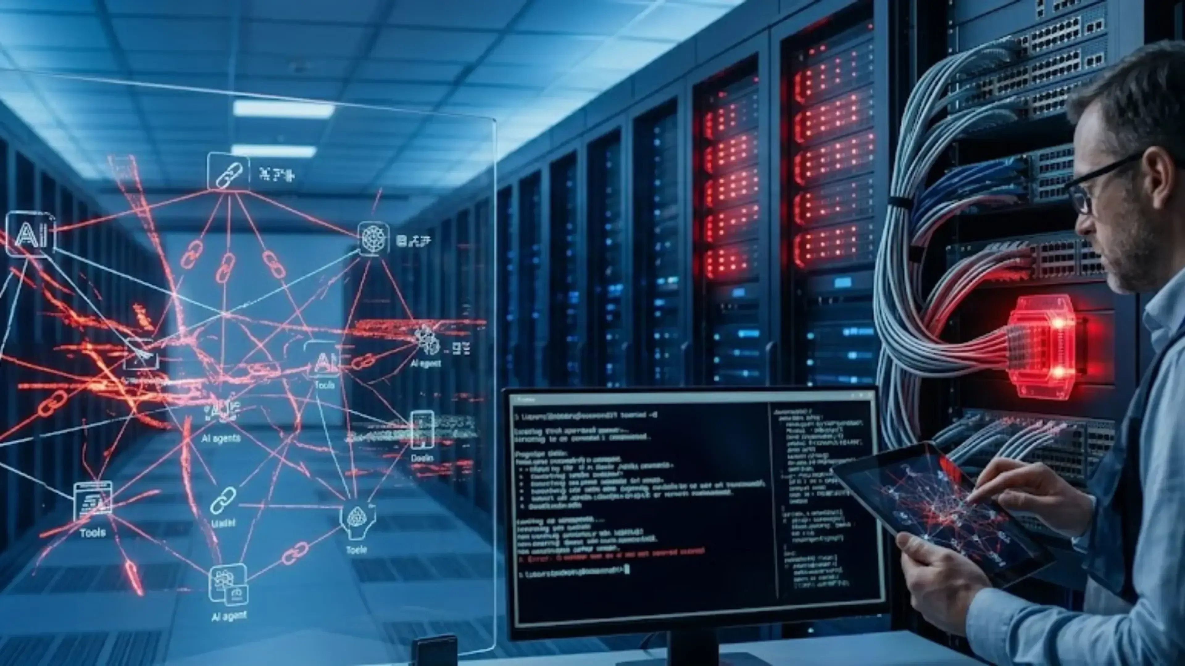 Técnico de sistemas en un centro de datos analizando registros de código con alertas rojas en pantalla. Representa la vulnerabilidad crítica de ejecución remota de código en la infraestructura de agentes IA a través de rutas MCP expuestas.