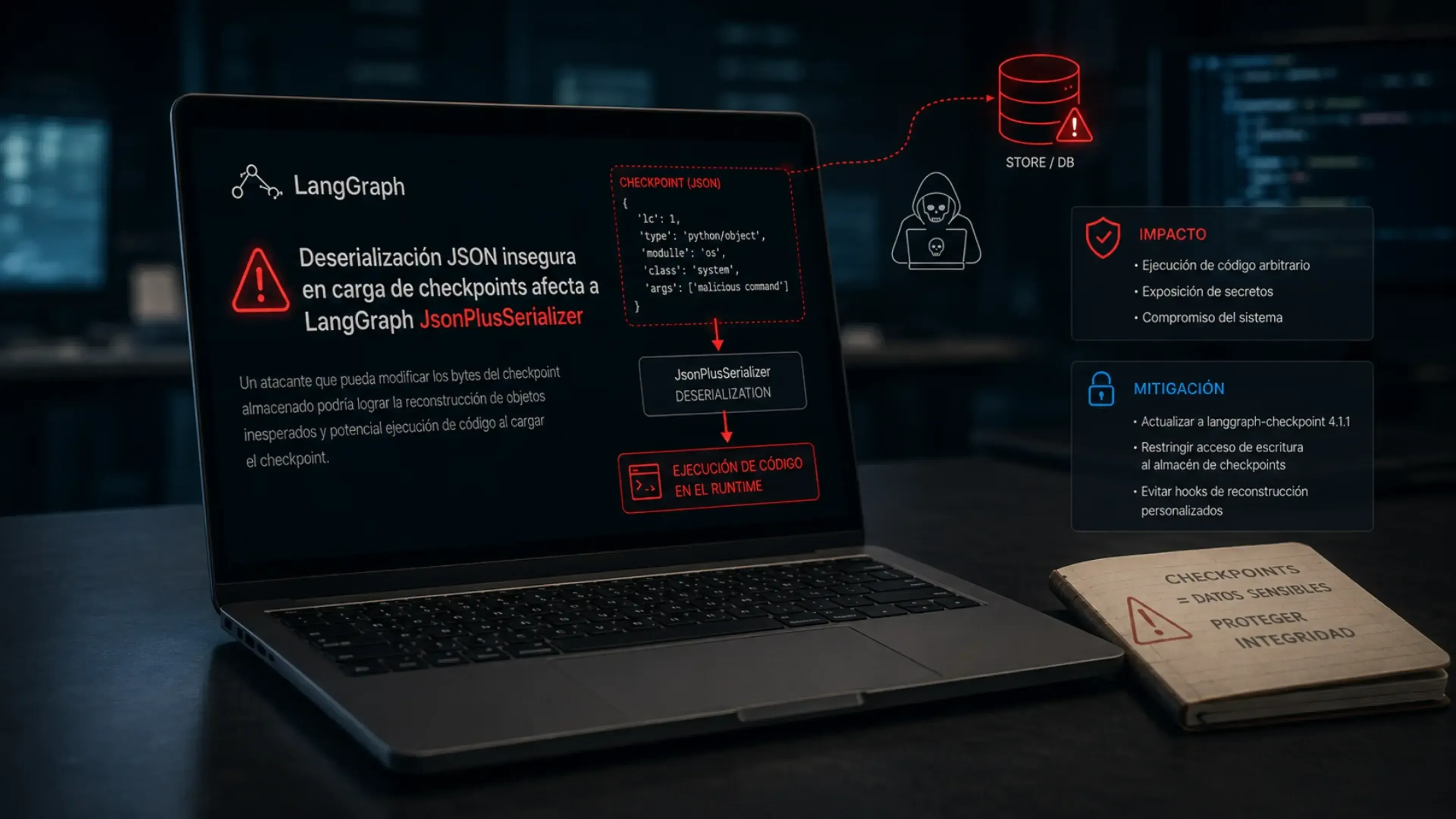 Infografía en un portátil que detalla la vulnerabilidad de LangGraph. Muestra el flujo del ataque donde la deserialización insegura con JsonPlusSerializer permite la ejecución de código al alterar los checkpoints JSON.