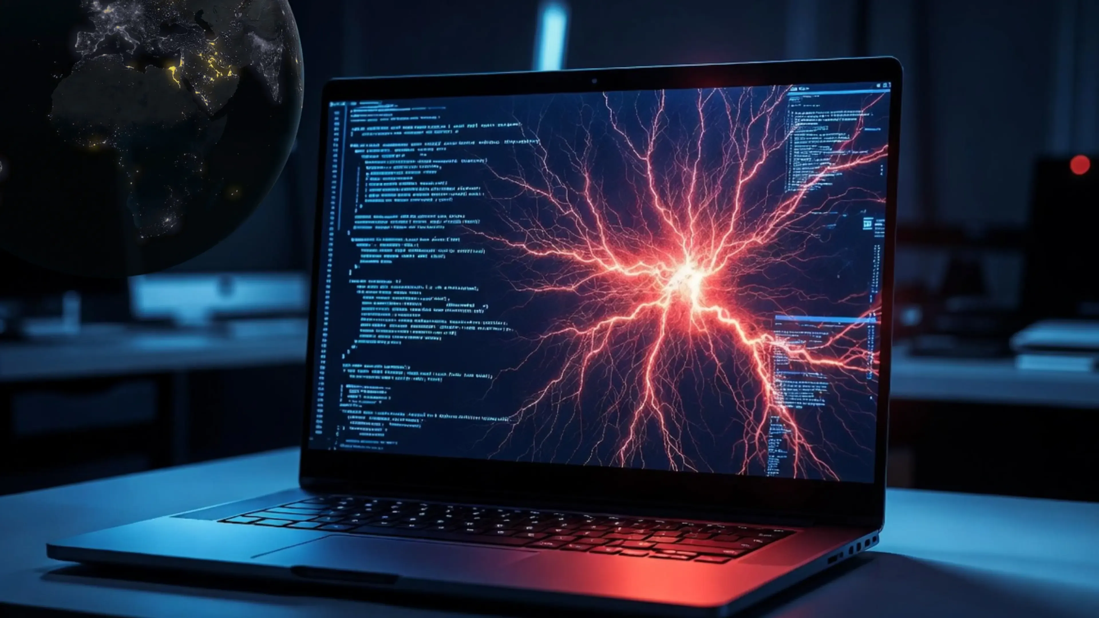 Portátil con pantalla que muestra código de programación y visualización de red con rayos rojos y blancos irradiando desde el centro, representando un ataque o vulnerabilidad de seguridad informática.