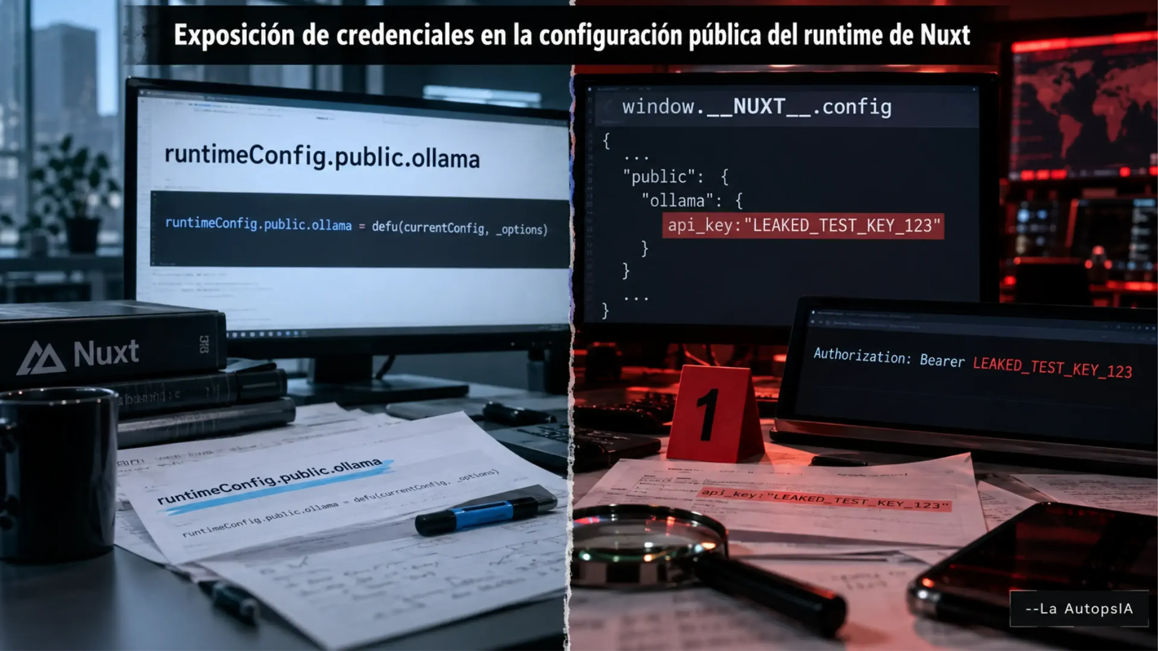 Imagen dividida en dos: configuración pública de Nuxt a la izquierda y, a la derecha, una API key de Ollama expuesta en window.__NUXT__.config y usada como Authorization: Bearer. --La AutopsIA