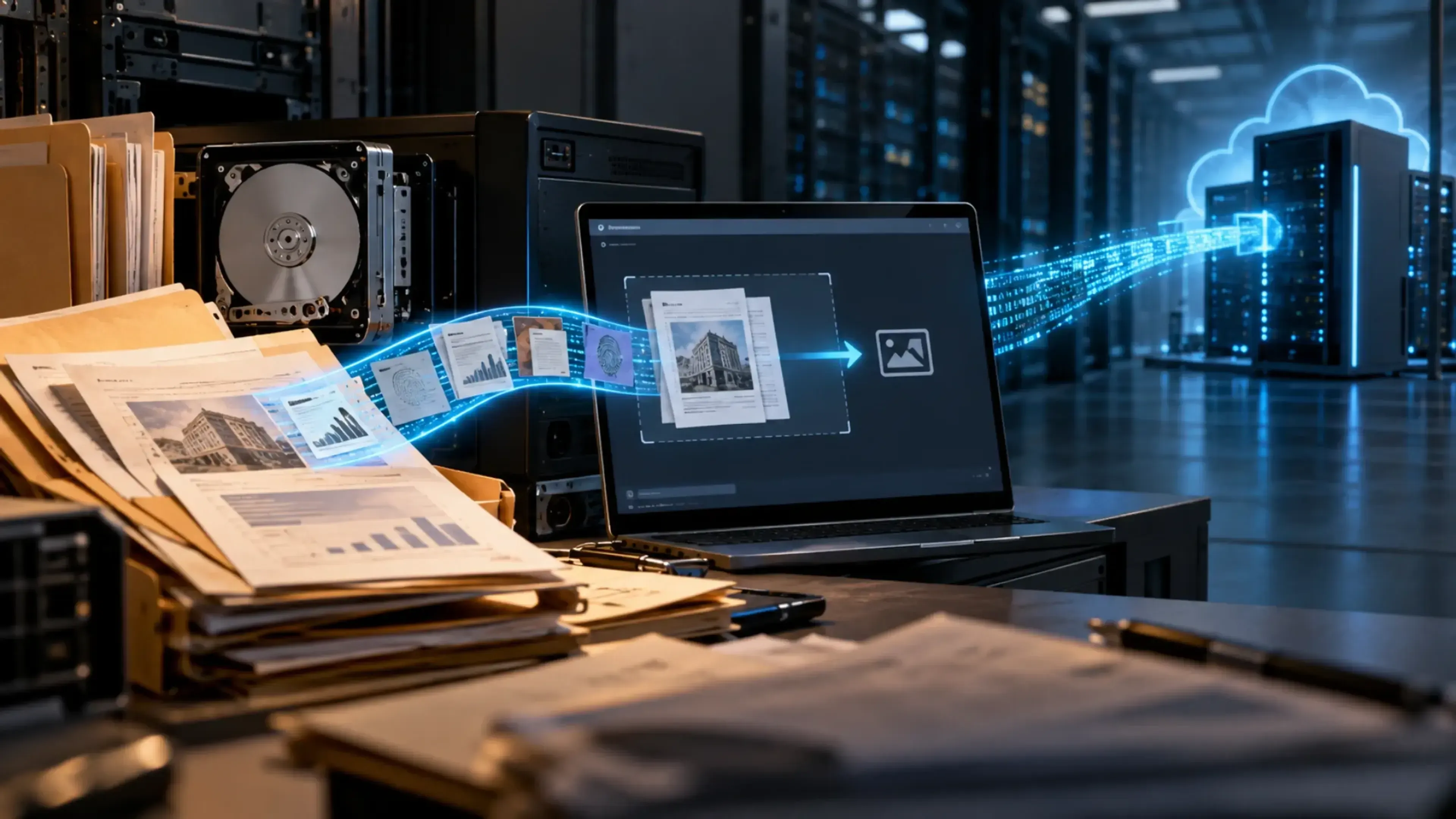 Montones de documentos y un disco duro junto a un portátil desde el que salen archivos de imagen hacia servidores en la nube, ilustrando una fuga o envío no autorizado de archivos locales a un servicio de IA.