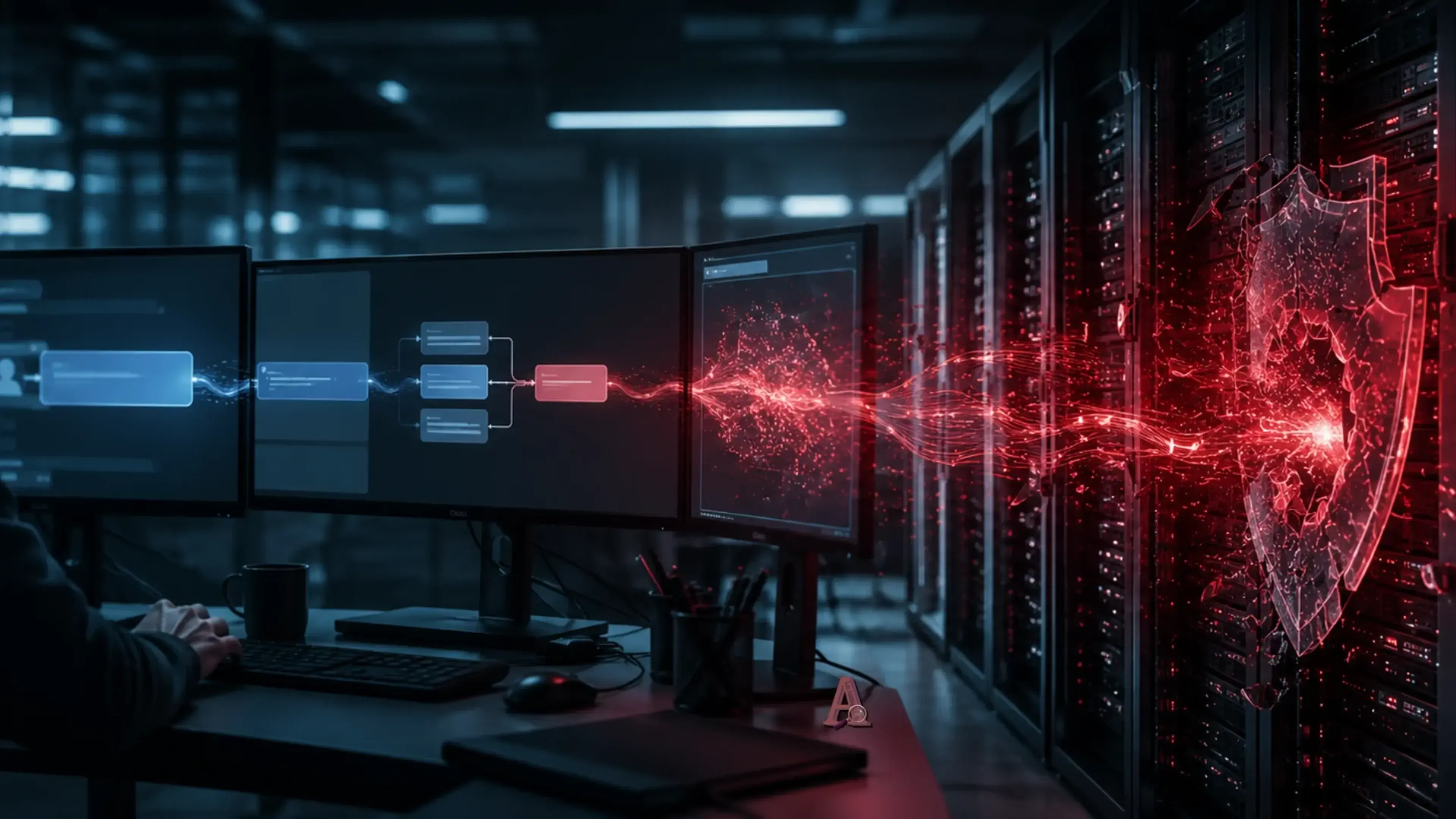 Ataque RCE visualizado como una plantilla insegura que atraviesa una aplicación y compromete servidores, con flujo rojo de intrusión, escudo roto y entorno de operaciones técnicas.