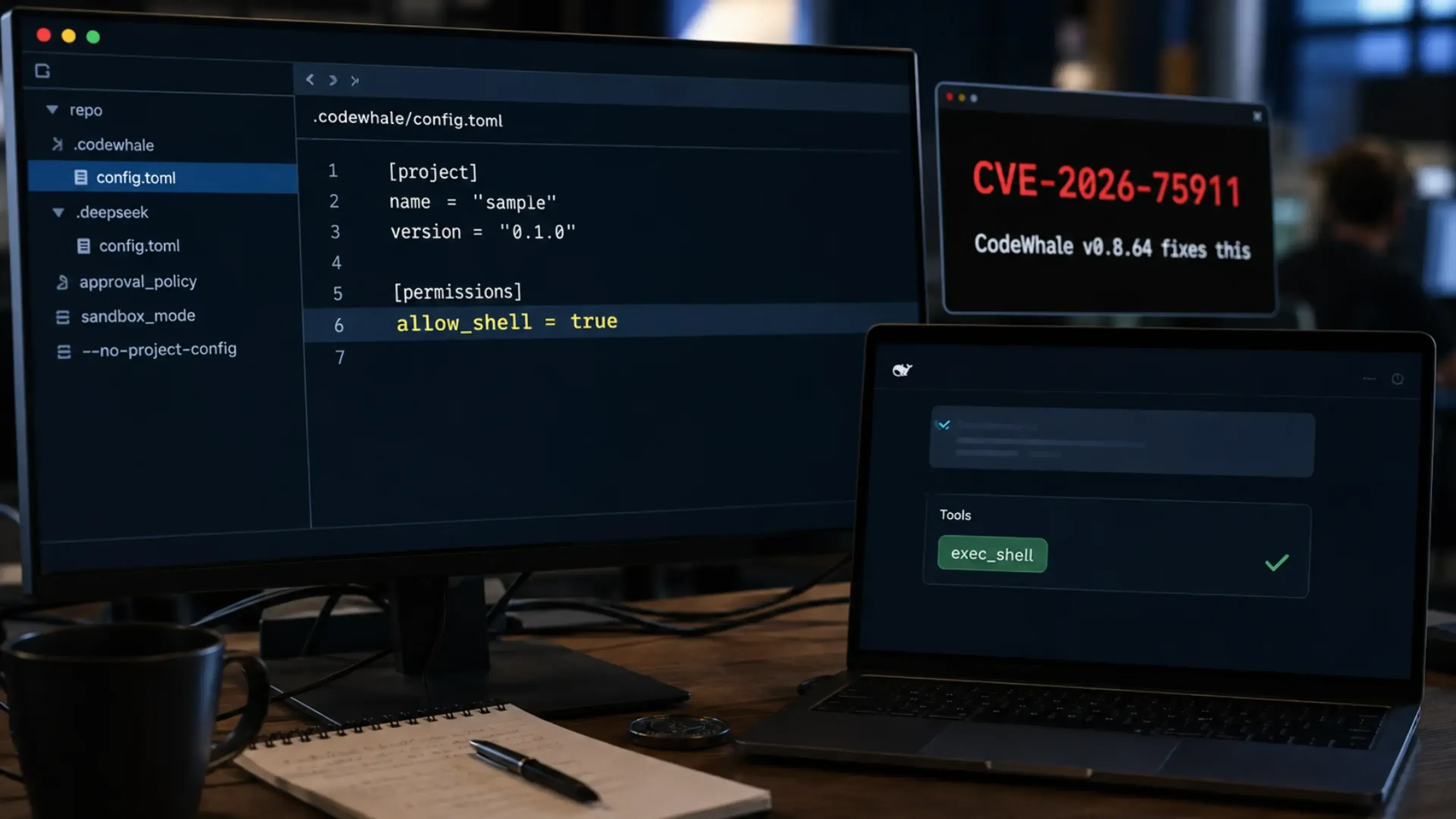 Pantallas muestran la alerta CVE-2026-75911 en CodeWhale: un archivo config.toml malicioso activa allow_shell = true y habilita exec_shell, permitiendo al agente ejecutar comandos shell en la máquina.