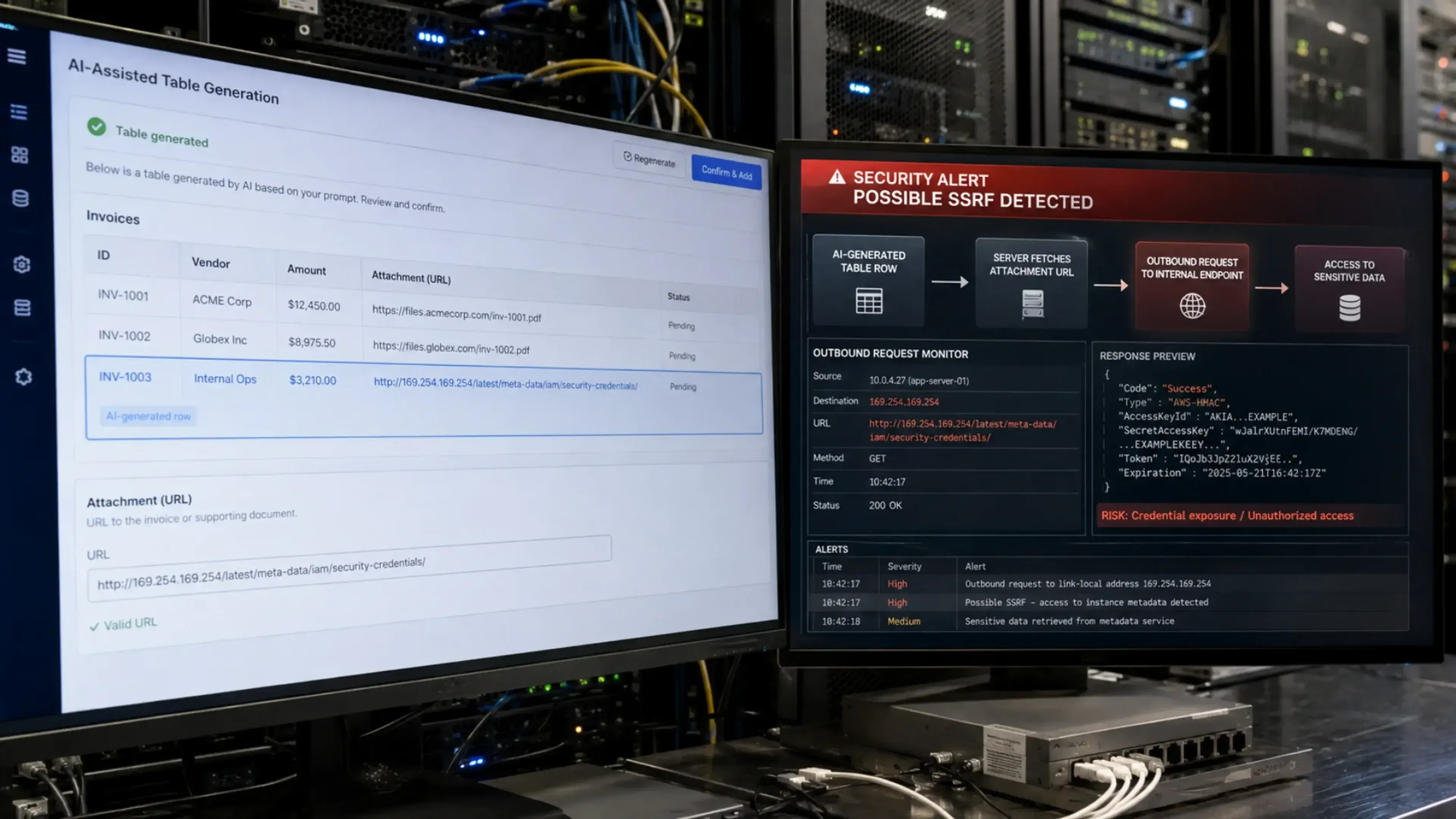Pantallas en un centro de datos muestran una tabla generada con IA que incluye una URL interna y una alerta de seguridad por posible SSRF, con acceso a metadatos sensibles del servidor.