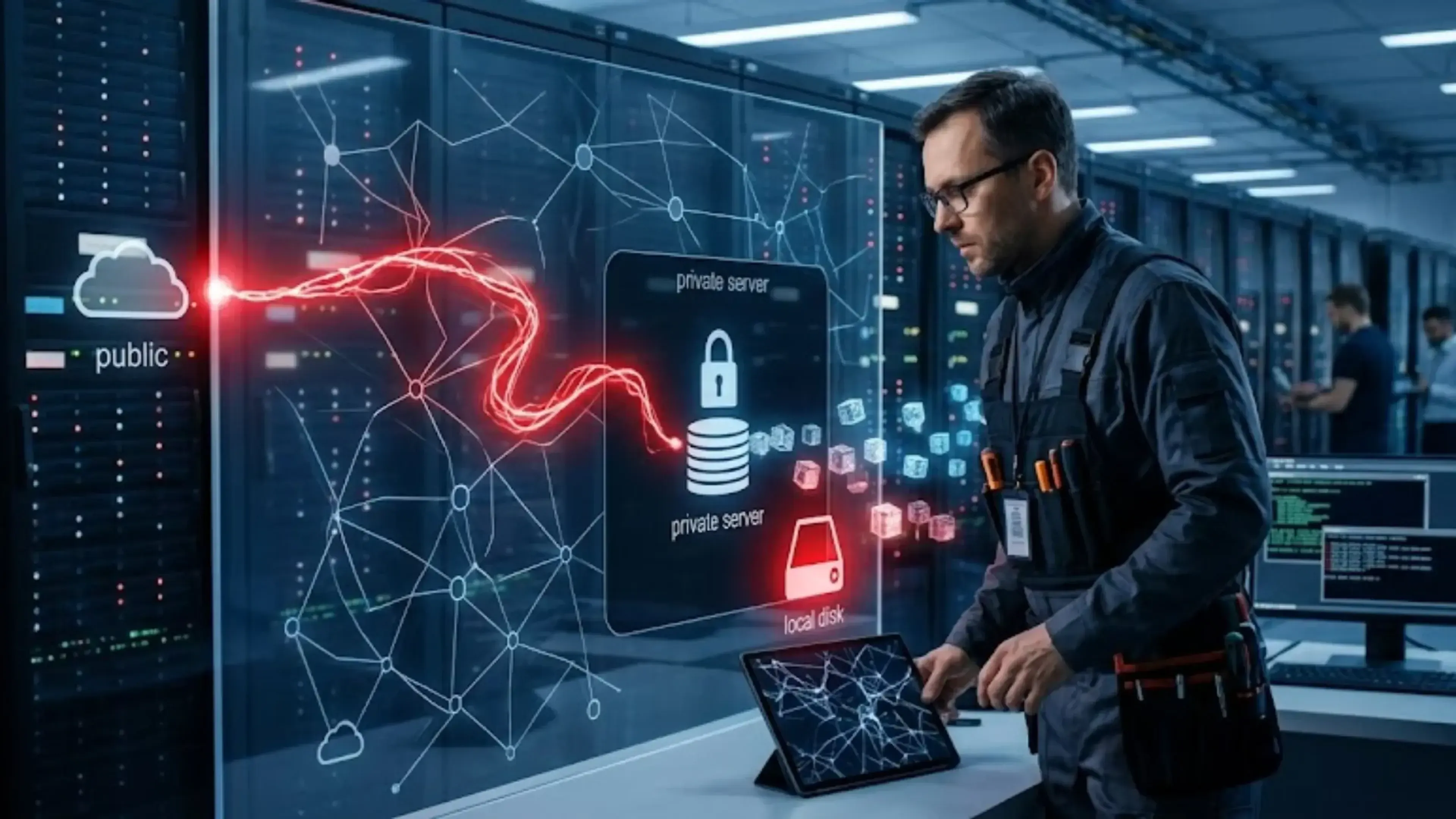 Especialista en un centro de datos analizando un esquema de red que ilustra un ataque SSRF. Un flujo rojo muestra cómo conexiones públicas no autorizadas vulneran un servidor privado y exfiltran información hacia un disco local.
