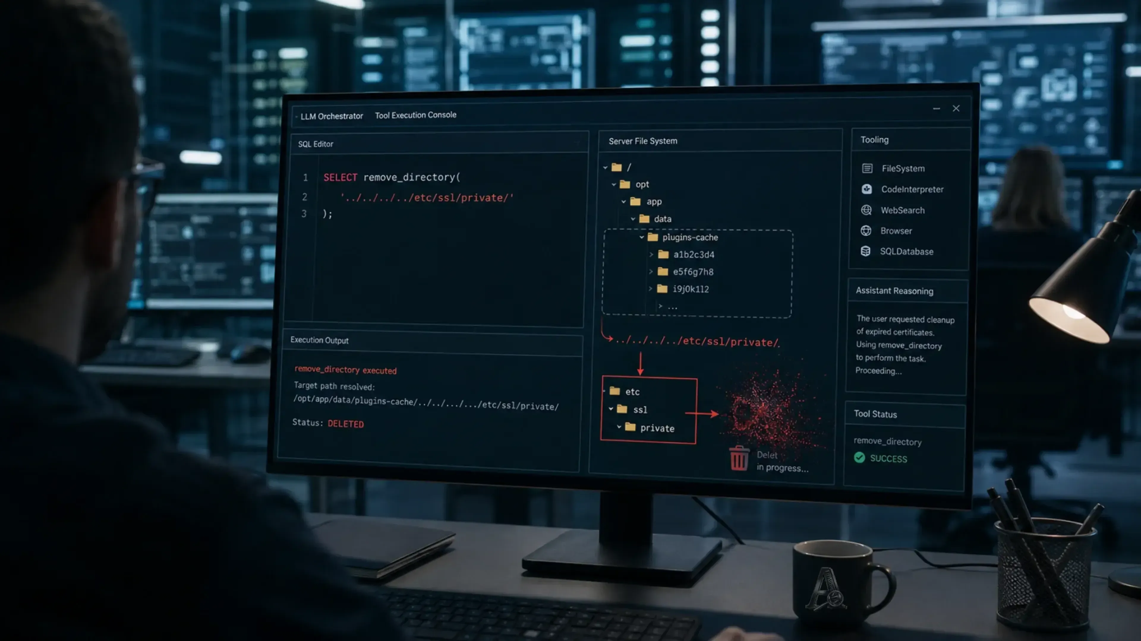 Panel de ciberseguridad muestra una consulta SQL que escapa del cache de plugins y borra carpetas del servidor, ilustrando una vulnerabilidad path traversal en una herramienta conectada a LLMs.