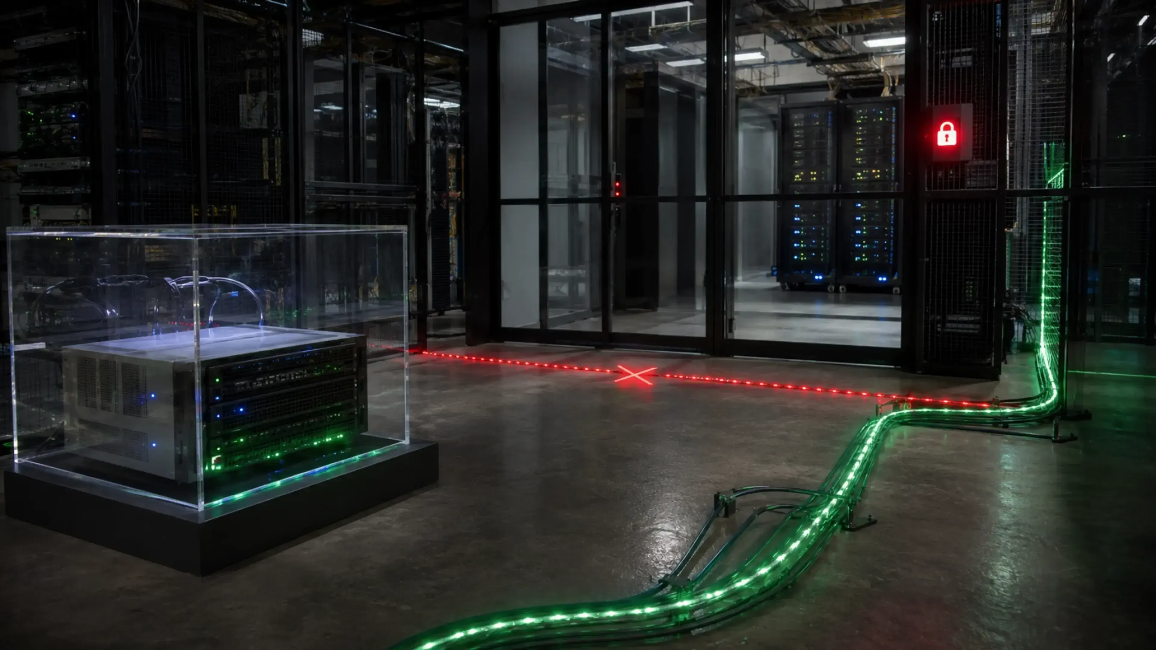 Centro de datos oscuro con un servidor dentro de una urna transparente. Un conducto verde evita una barrera roja y alcanza una zona restringida marcada con un candado.