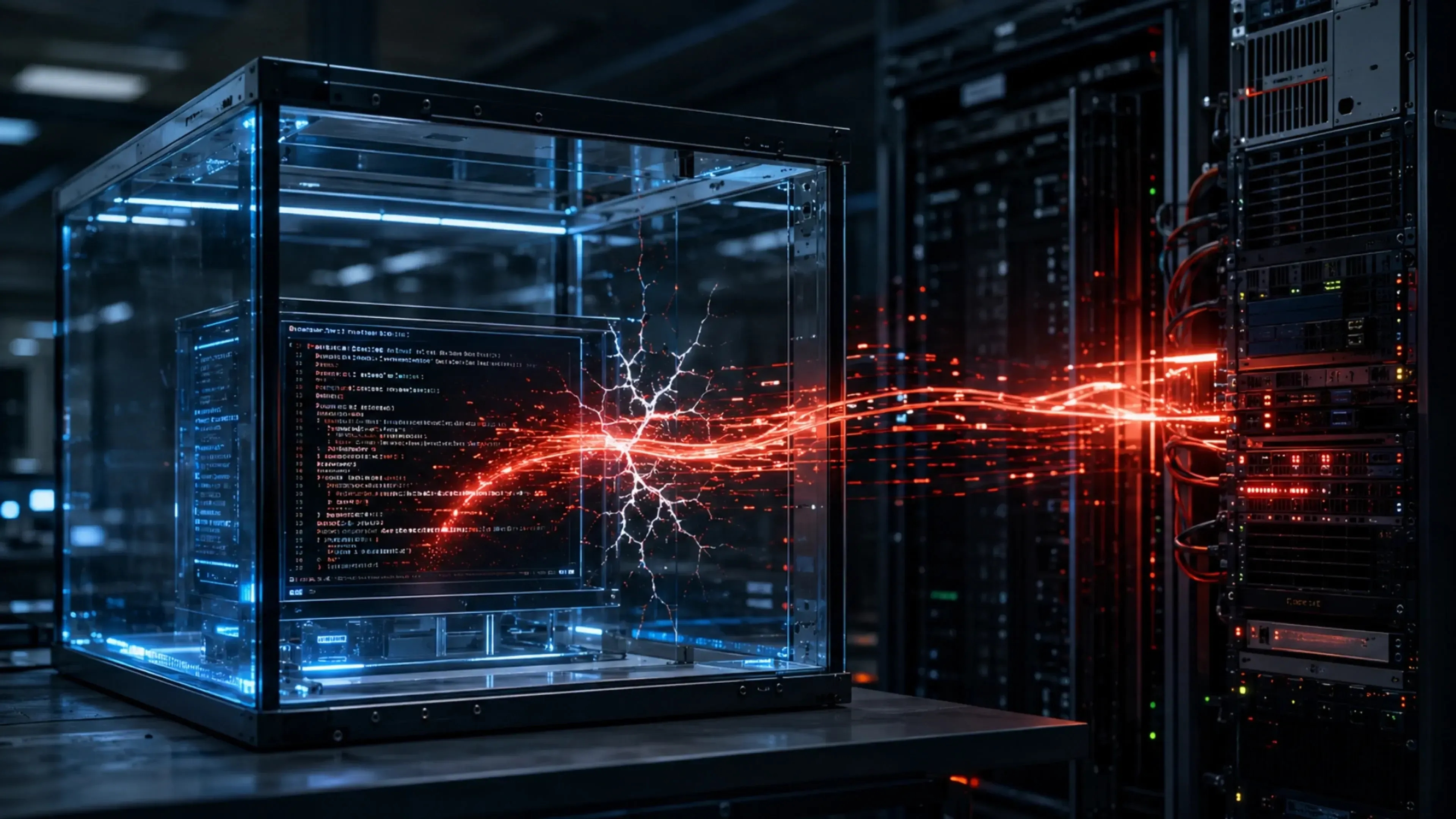 Cubo de seguridad transparente agrietado por una fuga digital roja que atraviesa el sandbox y alcanza servidores externos, representando un bypass crítico con ejecución fuera del entorno aislado.