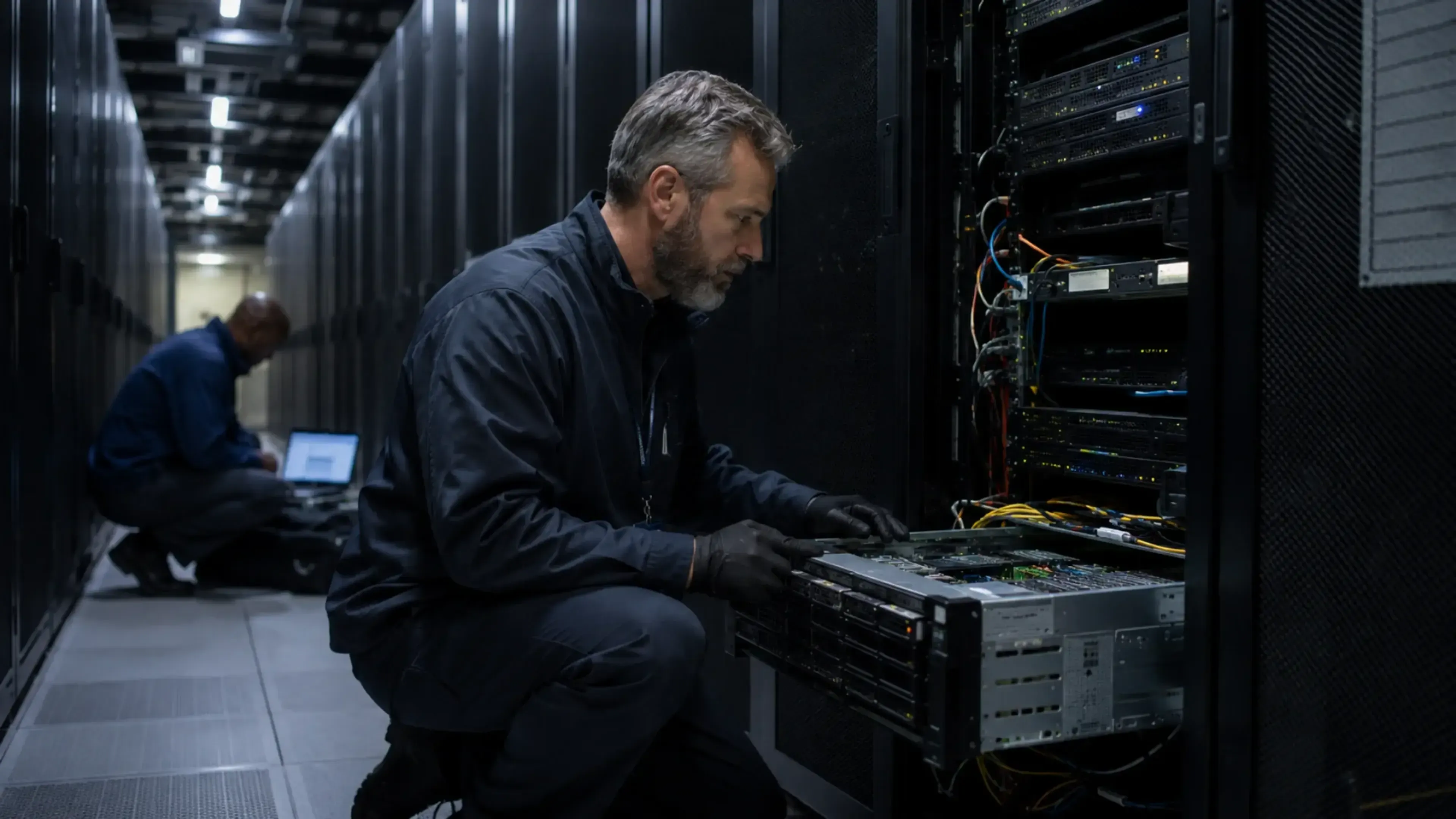 Dos técnicos trabajan en un centro de datos entre filas de servidores. En primer plano, uno inspecciona un servidor abierto y cableado; al fondo, otro revisa un portátil en un pasillo industrial de iluminación fría.