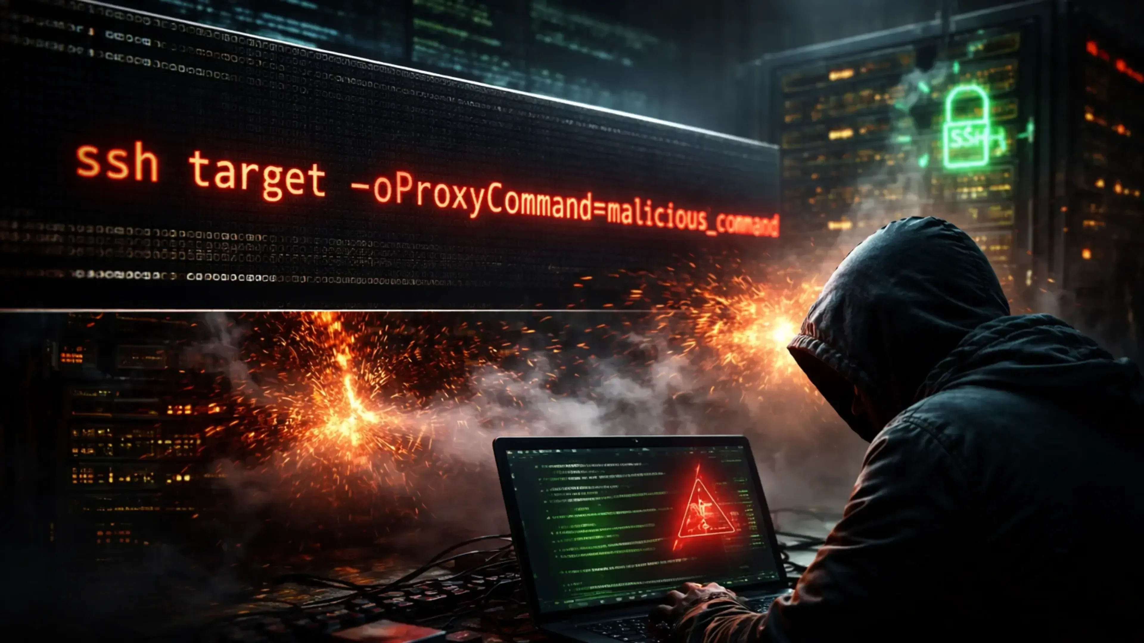 Hacker con capucha frente a laptop ejecutando comando SSH malicioso, con código rojo en pantalla grande y explosión de chispas de fuego de fondo, simbolizando ataque cibernético.