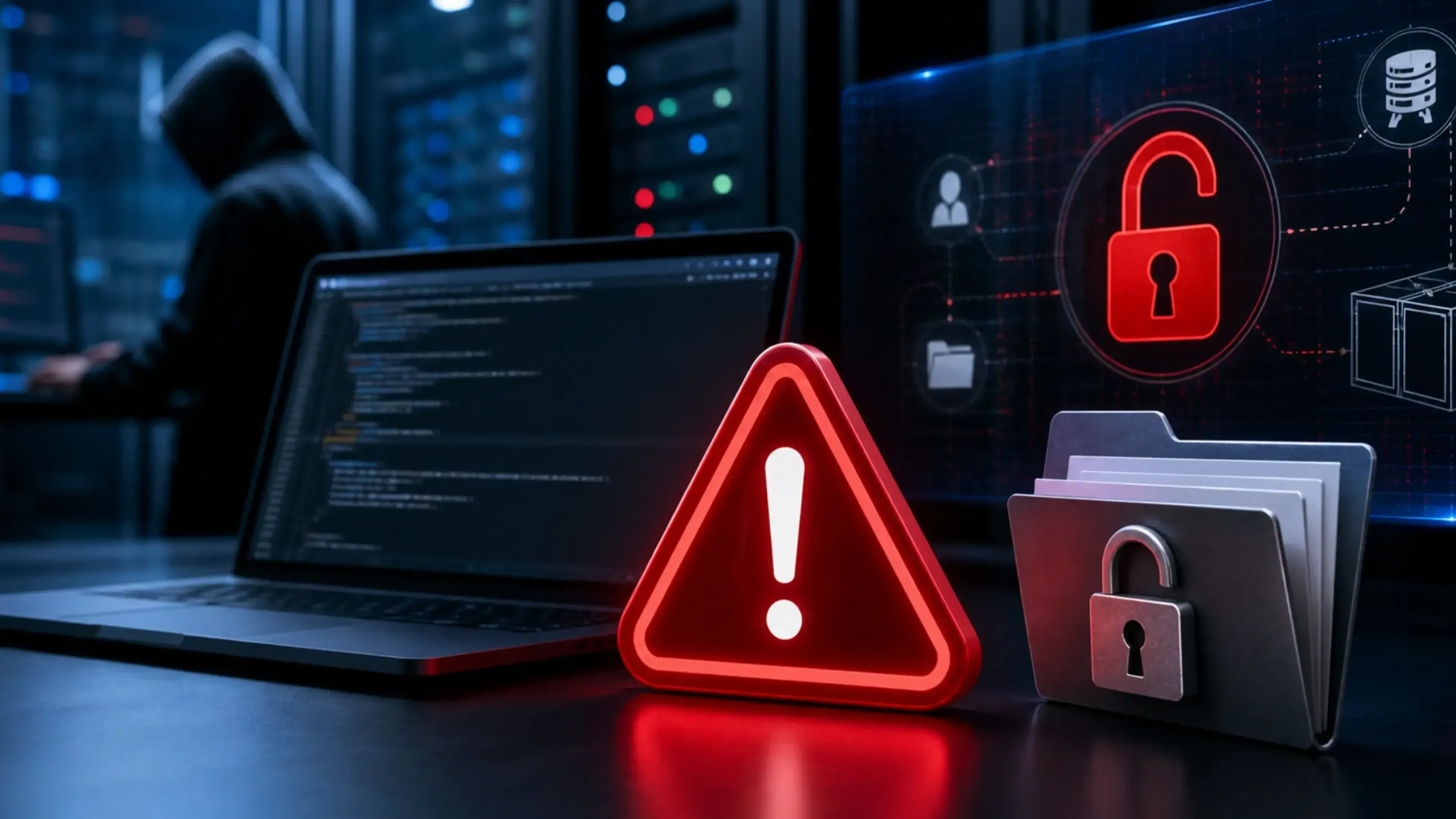 Escena panorámica en un entorno de servidores con iluminación fría: un portátil abierto con código en primer plano, un icono de advertencia rojo brillante y una carpeta digital, figura encapuchada difusa sugiere amenaza y vulnerabilidad crítica.