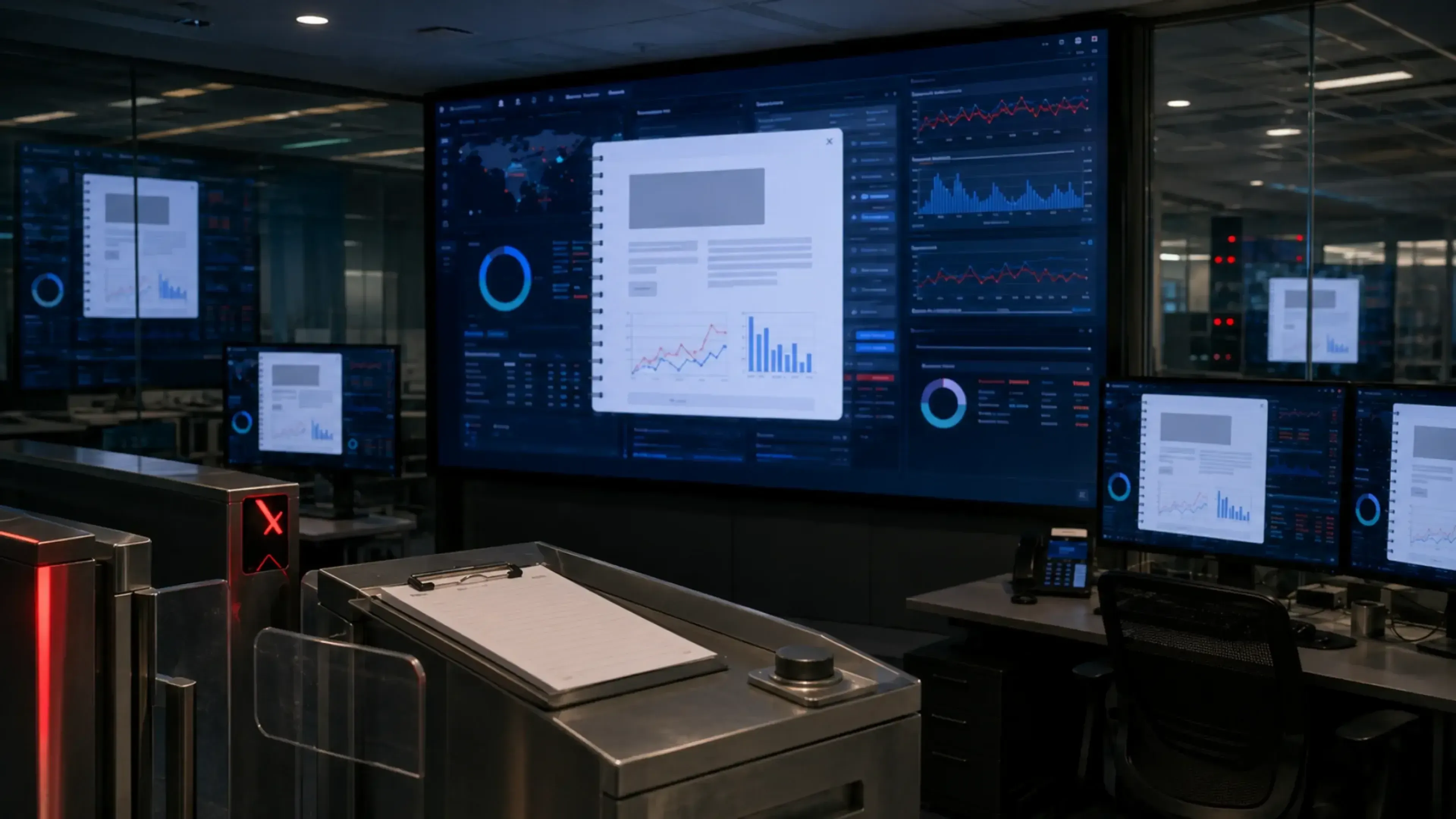 Centro de control vacío con pantallas de monitorización y varios notebooks abiertos al fondo. En primer plano, una libreta de control sin firmar junto a un acceso marcado en rojo, sugiriendo creación sin aprobación previa.