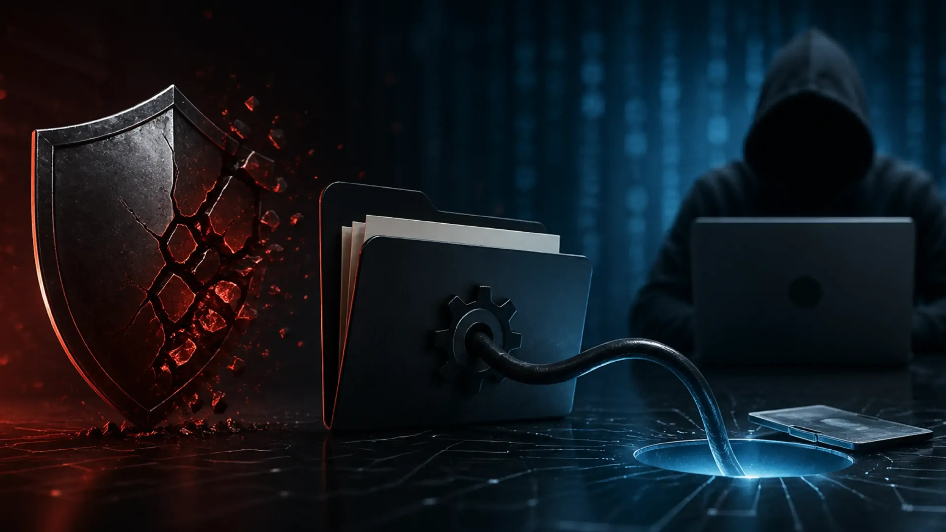 Ilustración panorámica de ciberseguridad: un escudo digital agrietado simboliza la ruptura de confianza, mientras una carpeta conectada a un sistema es manipulada desde un entorno oscuro por una figura anónima, representando acceso no autorizado.