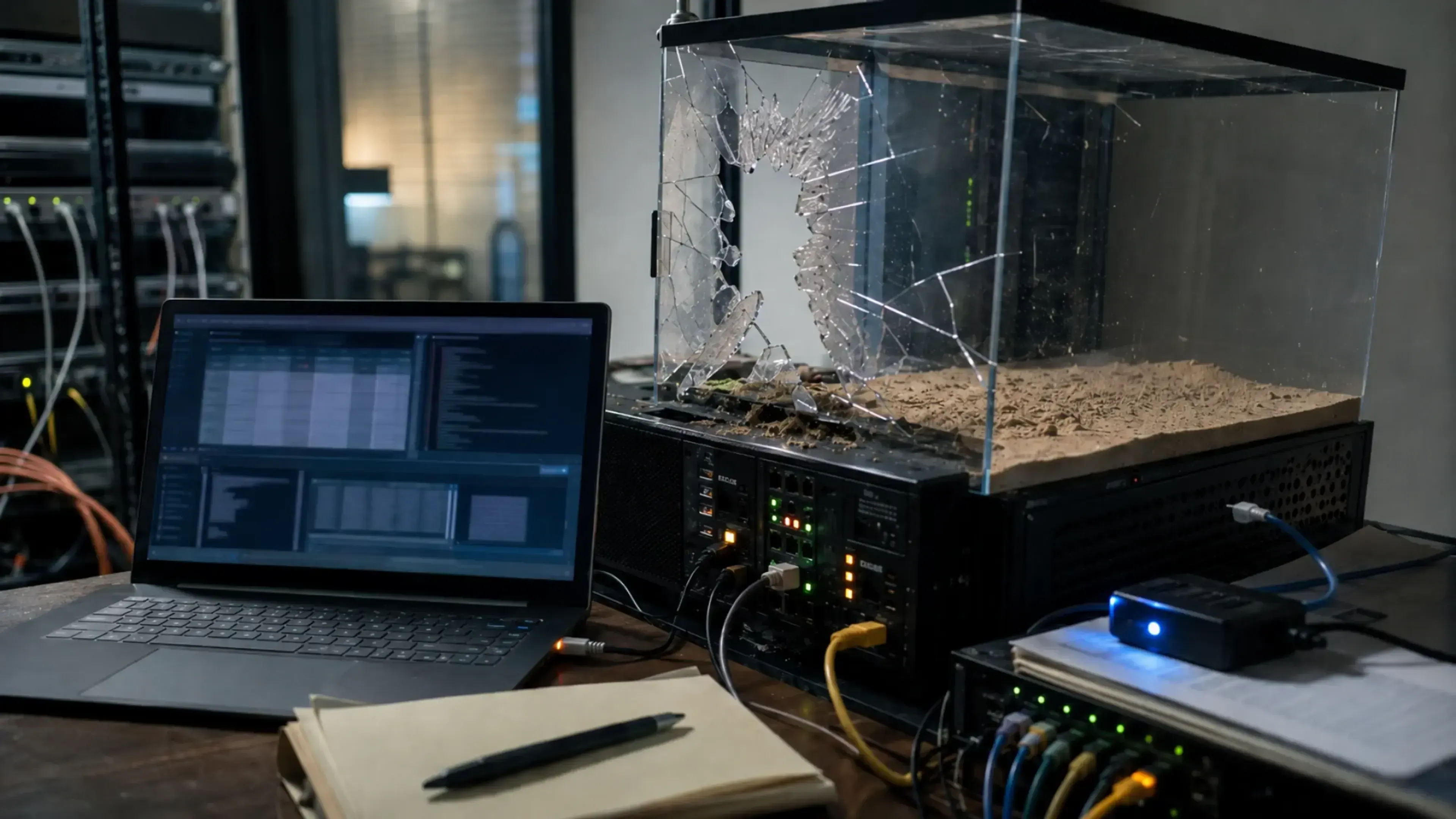 Sala técnica con portátil, servidores y cables, junto a un contenedor transparente agrietado sobre el equipo. La escena simboliza la ruptura del sandbox y la ejecución remota de código en un entorno de agentes de IA.