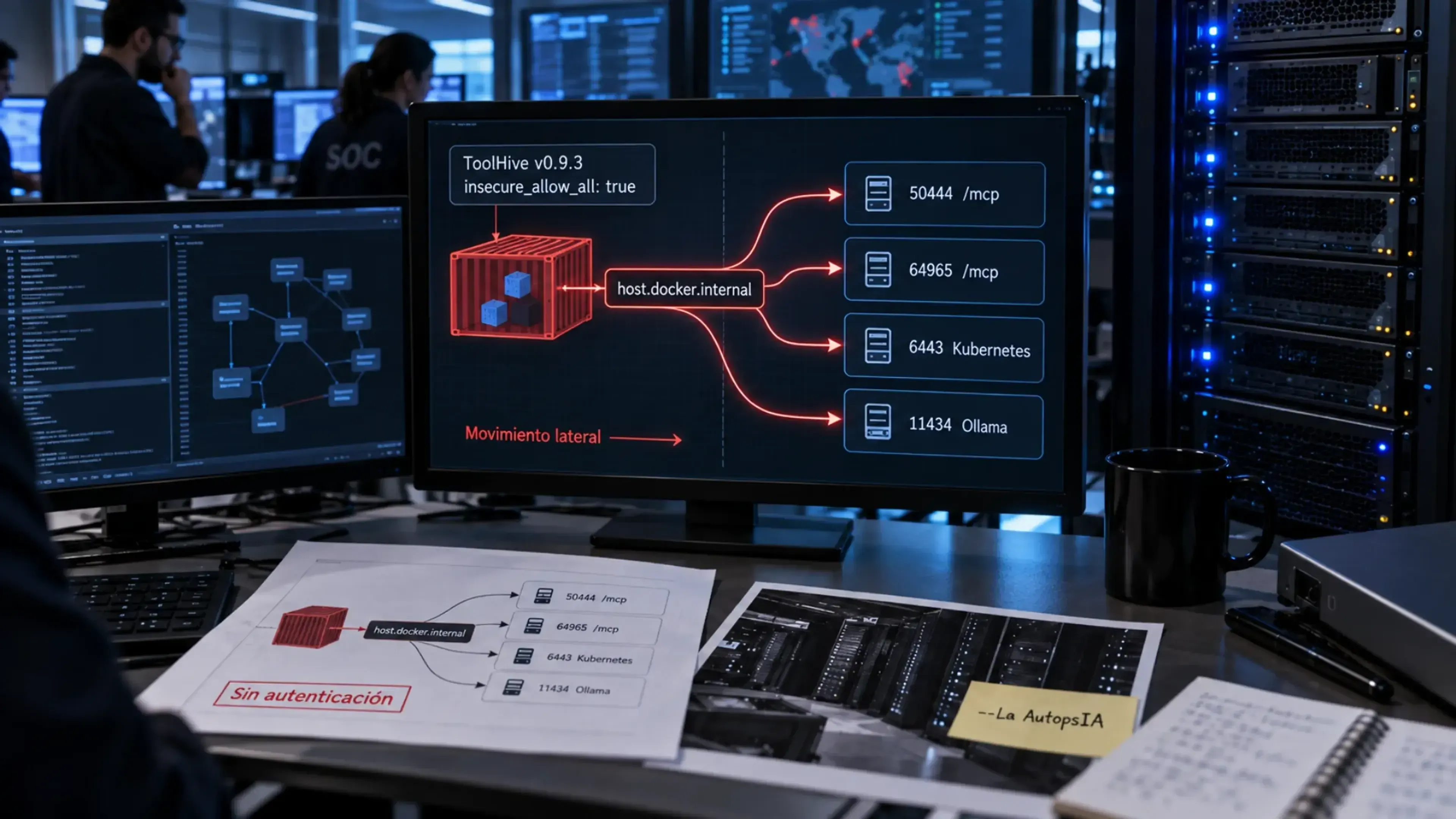 Centro de operaciones de seguridad analizando movimiento lateral desde un contenedor MCP de ToolHive hacia servicios del host, proxies MCP, Kubernetes y Ollama mediante host.docker.internal.