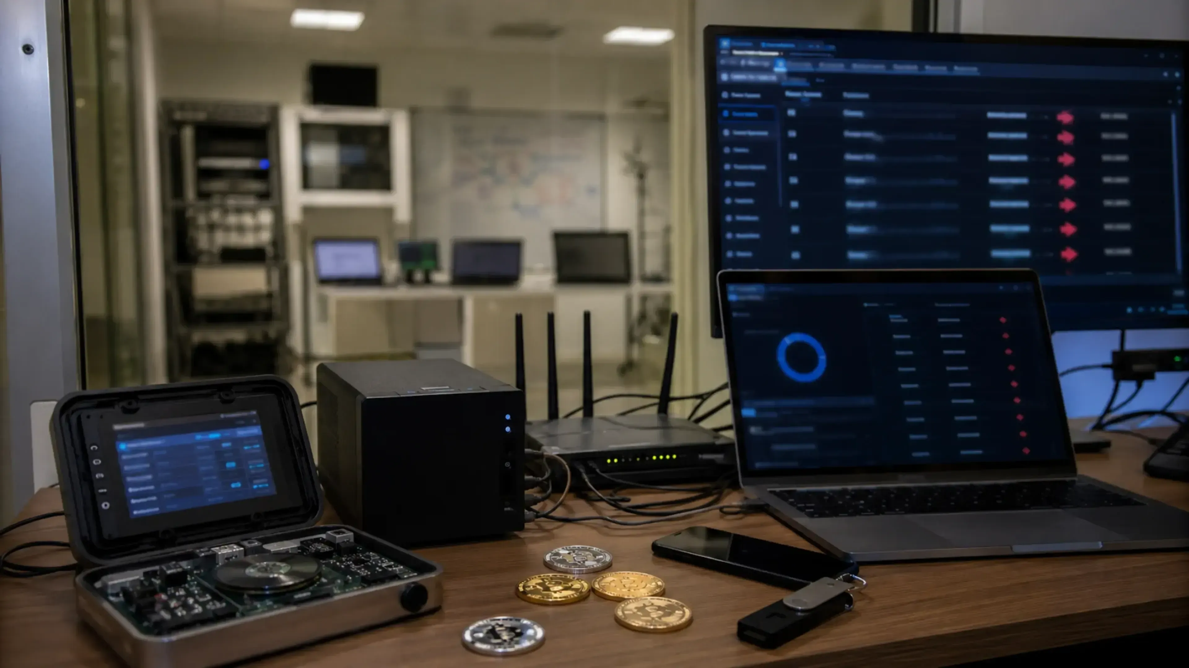 Mesa de trabajo tecnológica con router, pantallas con paneles de pagos y dispositivos conectados, junto a monedas y un monedero hardware, para ilustrar un servidor MCP vulnerable a pagos no autorizados, acceso en red y SSRF.