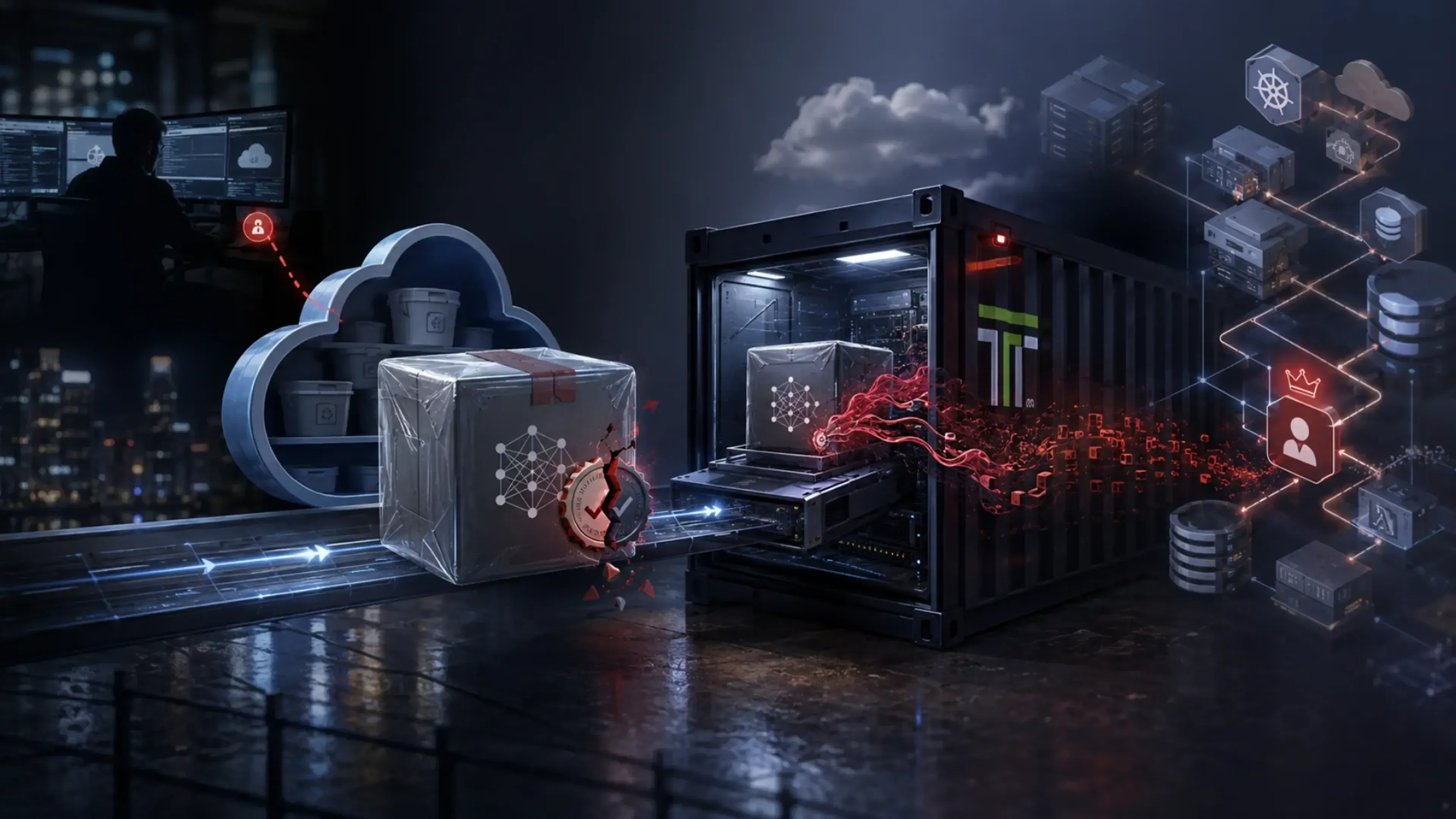 Ilustración panorámica de una cadena de inferencia en la nube comprometida: un modelo manipulado sale del almacenamiento, entra en un contenedor de inferencia Triton y libera código malicioso hacia la infraestructura conectada.