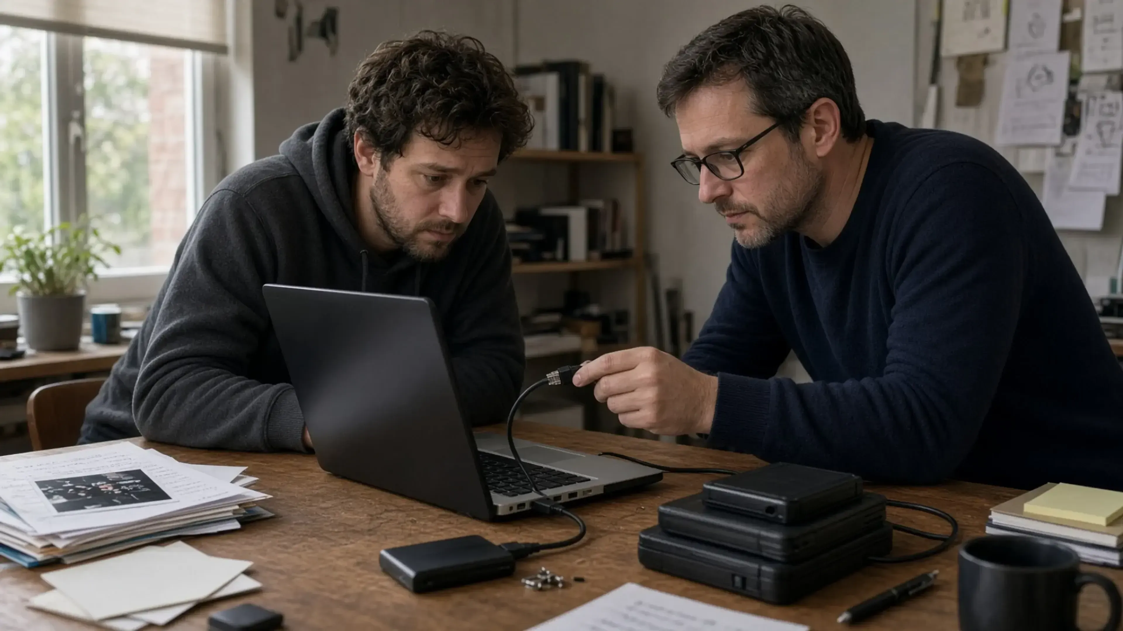 Desarrollador y especialista en seguridad aíslan un portátil afectado por la vulnerabilidad de claude-faf-mcp, junto a un cable de red desconectado, discos externos y archivos locales potencialmente expuestos.