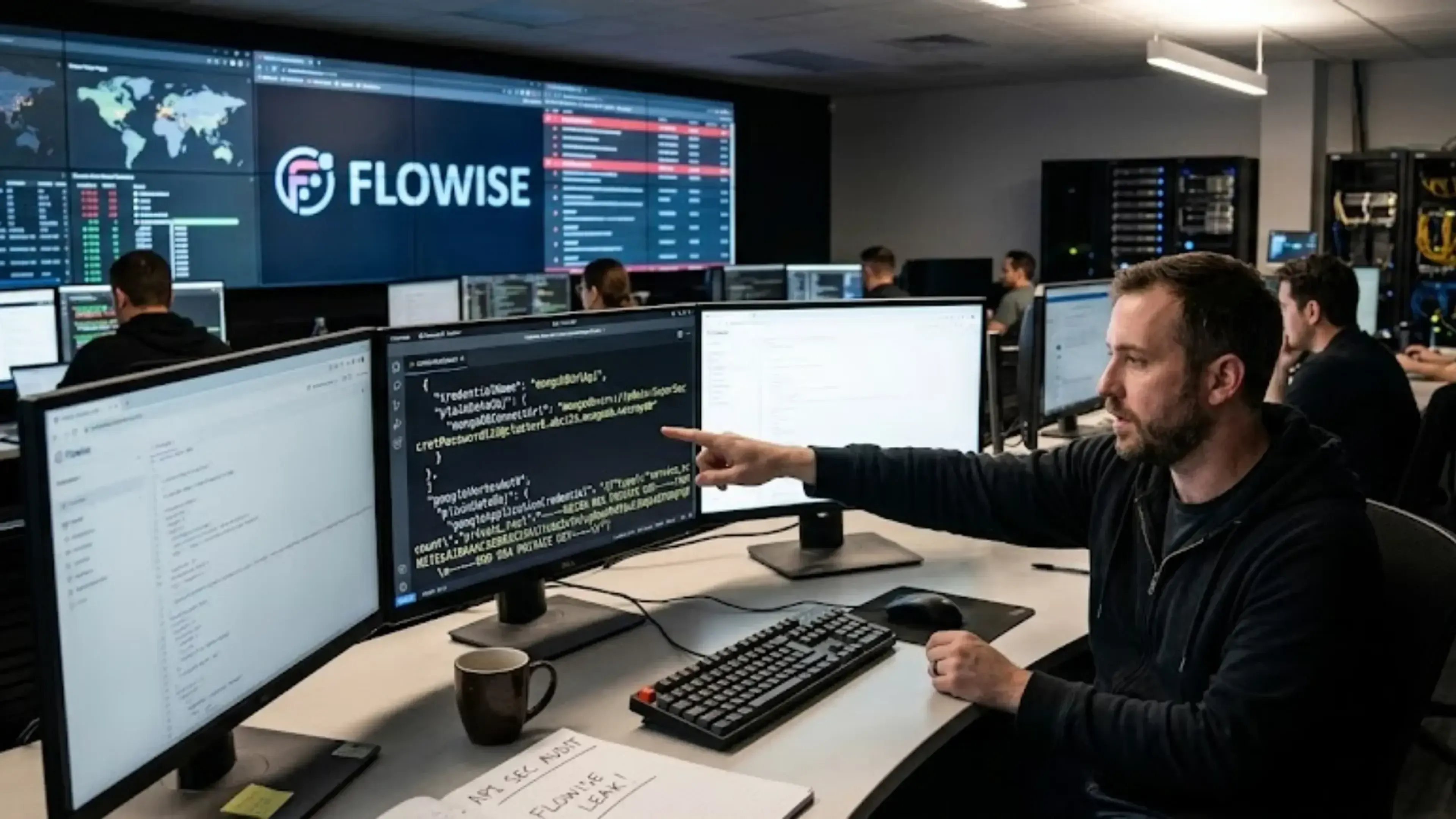 Dos analistas de seguridad en una sala de servidores moderna analizan código expuesto. El hombre señala el monitor mientras la mujer observa con atención. El logo de Flowise es visible. Un cuaderno en primer plano dice API SEC AUDIT y FLOWISE LEAK!.