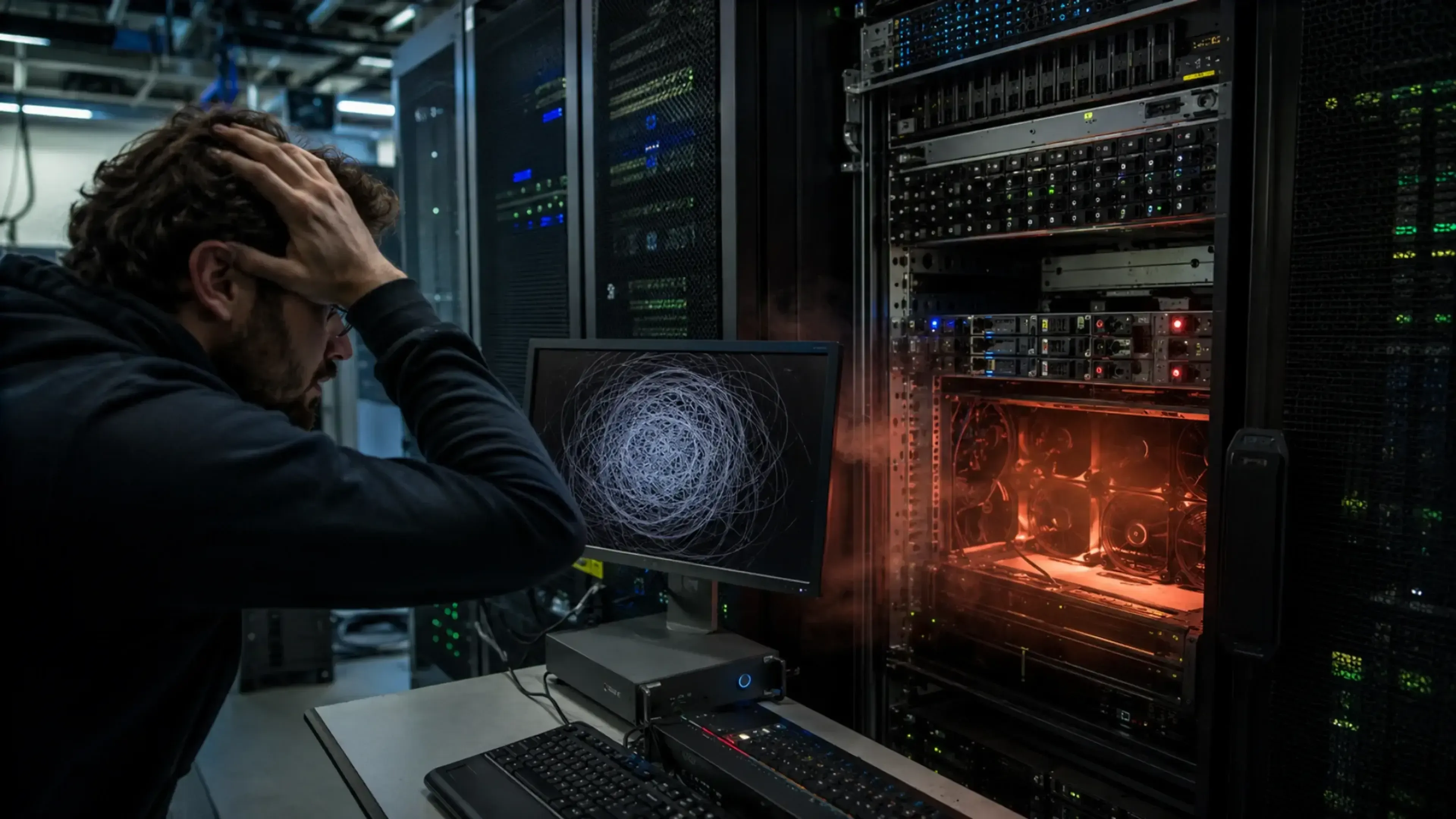 Técnico ante un servidor de IA bloqueado, con rack sobrecalentado y una pantalla mostrando un patrón caótico que representa un ReDoS por regex maliciosa.