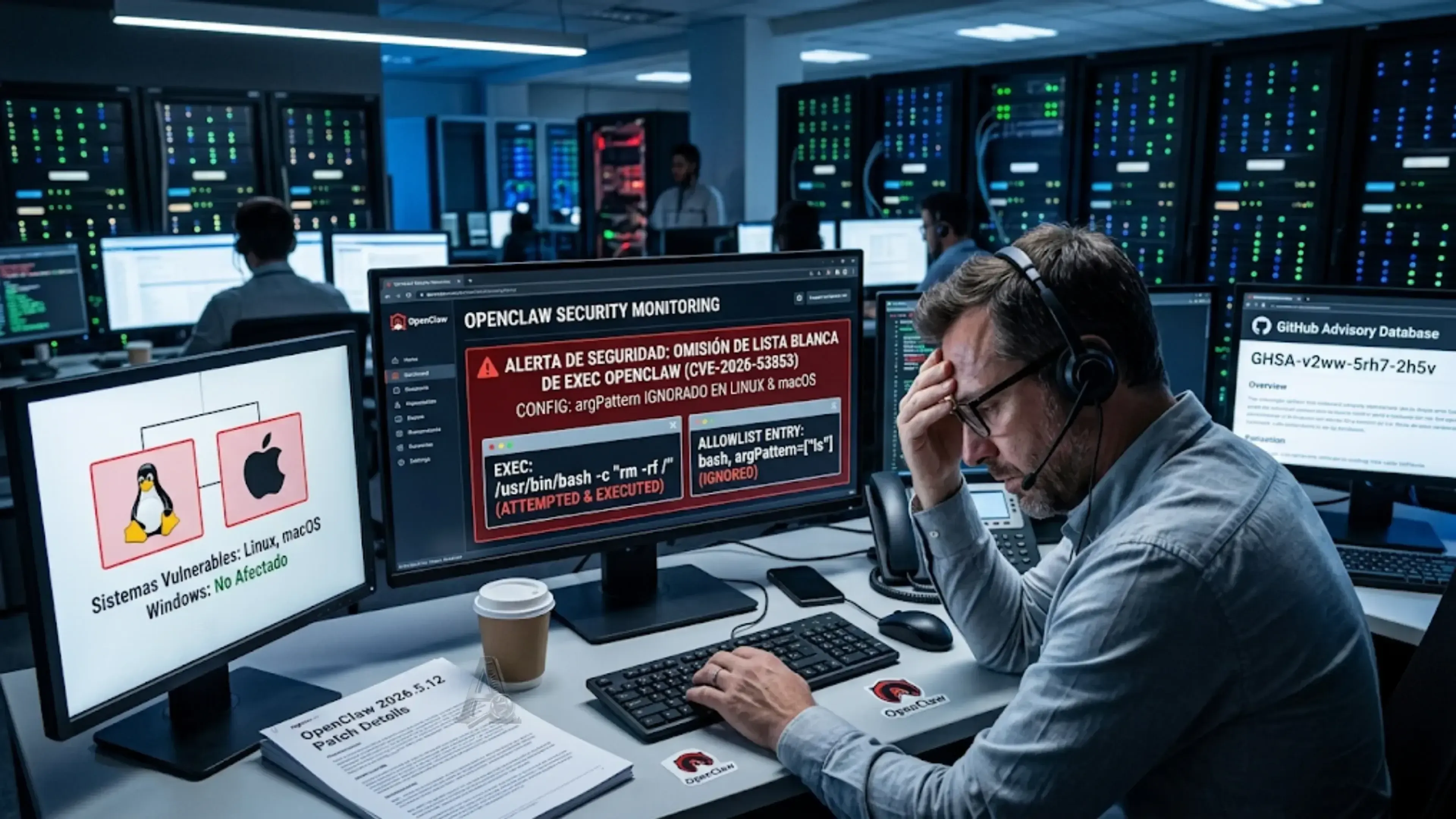Analista de ciberseguridad frustrado ante sus monitores. La pantalla central destaca una alerta roja de OpenClaw (CVE-2026-53853) en Linux y macOS por la evasión de 'argPattern', permitiendo ejecutar comandos restringidos.