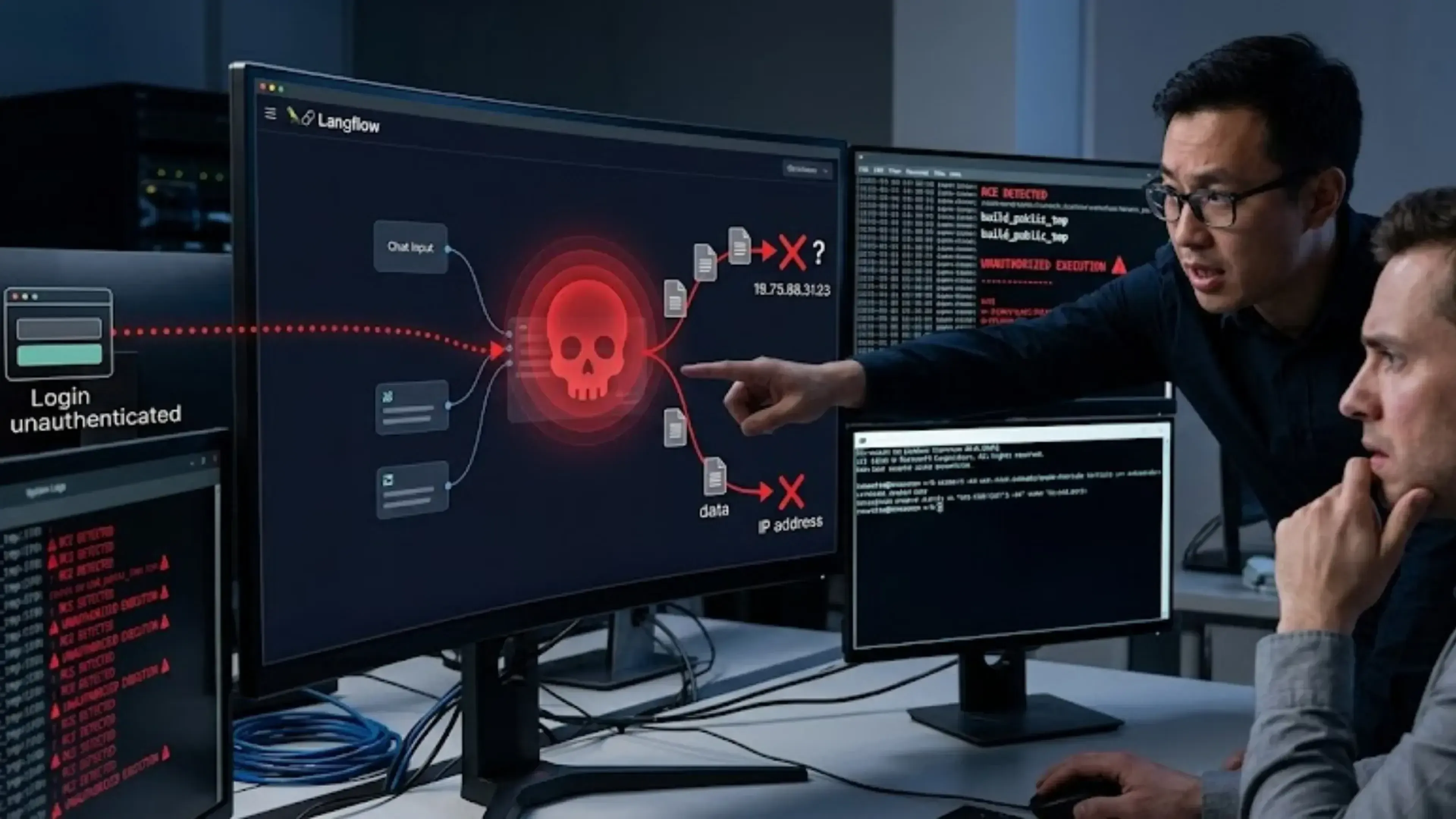 Dos especialistas en ciberseguridad analizan en un centro de datos una vulnerabilidad crítica de RCE en Langflow. Una pantalla muestra un diagrama de flujo con un cráneo rojo y exfiltración de datos, junto con registros de "UNAUTHORIZED EXECUTION".