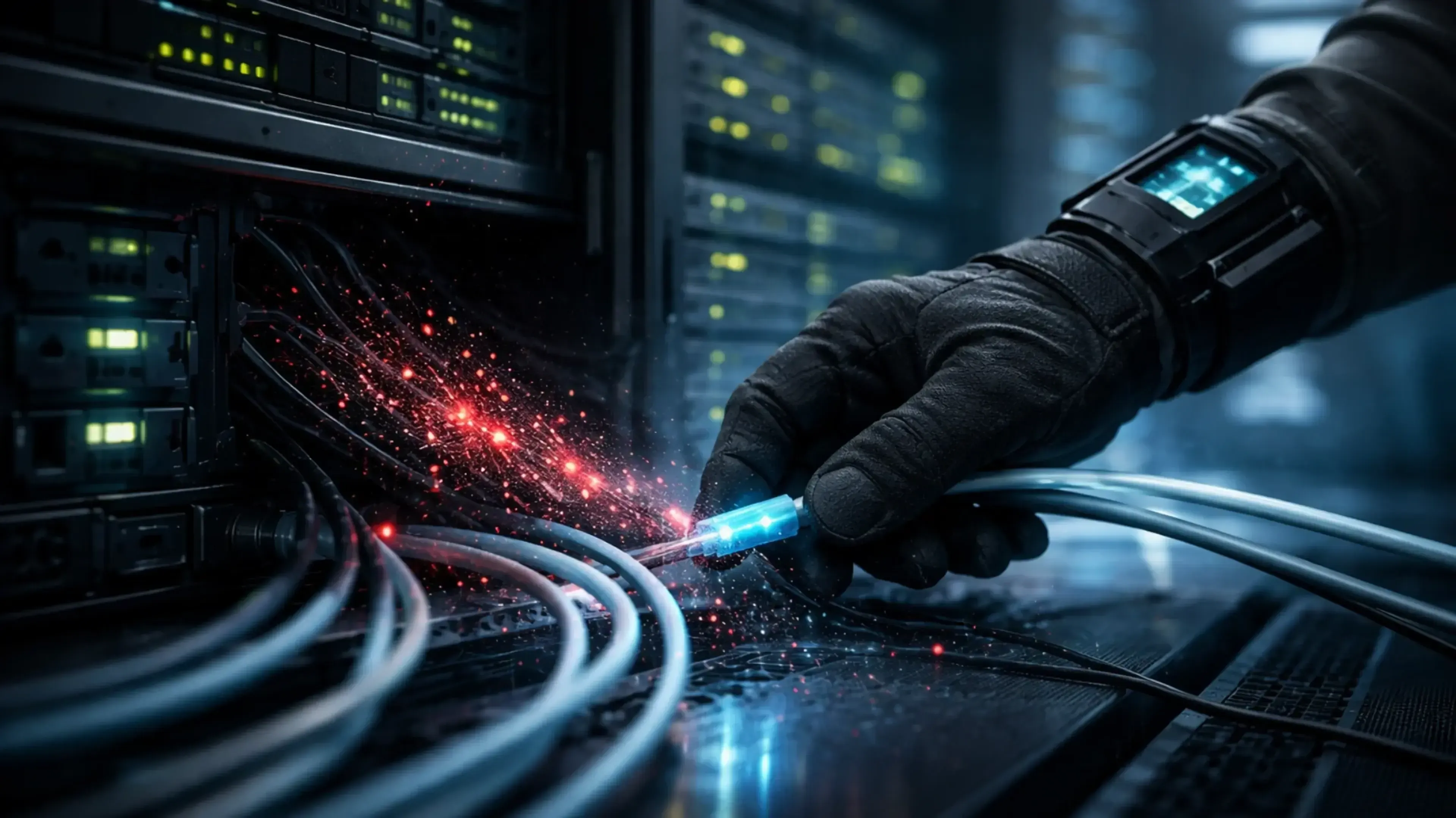 Técnico con guantes negros conecta cable de fibra óptica brillante en servidor de centro de datos, generando chispas de energía azul y roja entre equipos de red iluminados.