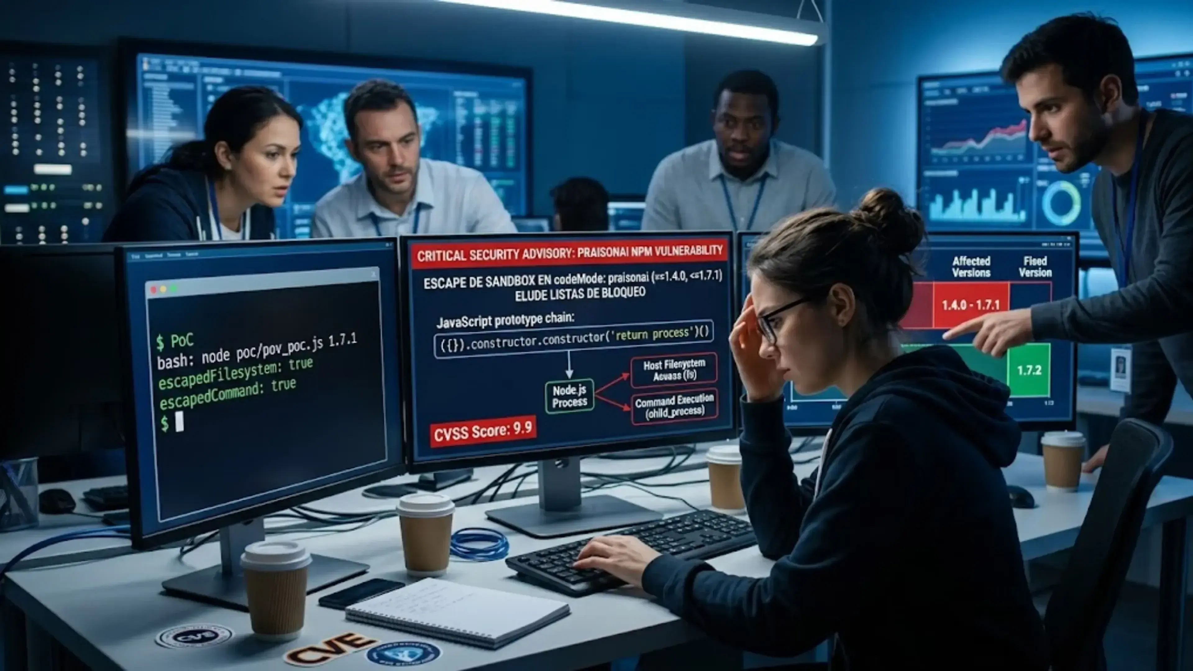 Aviso crítico PraisonAI NPM (v1.4.0-1.7.1): Escape de sandbox elude bloqueos, permitiendo ejecución de comandos y acceso a archivos con CVSS 9.9. Se muestra el código JavaScript de explotación.