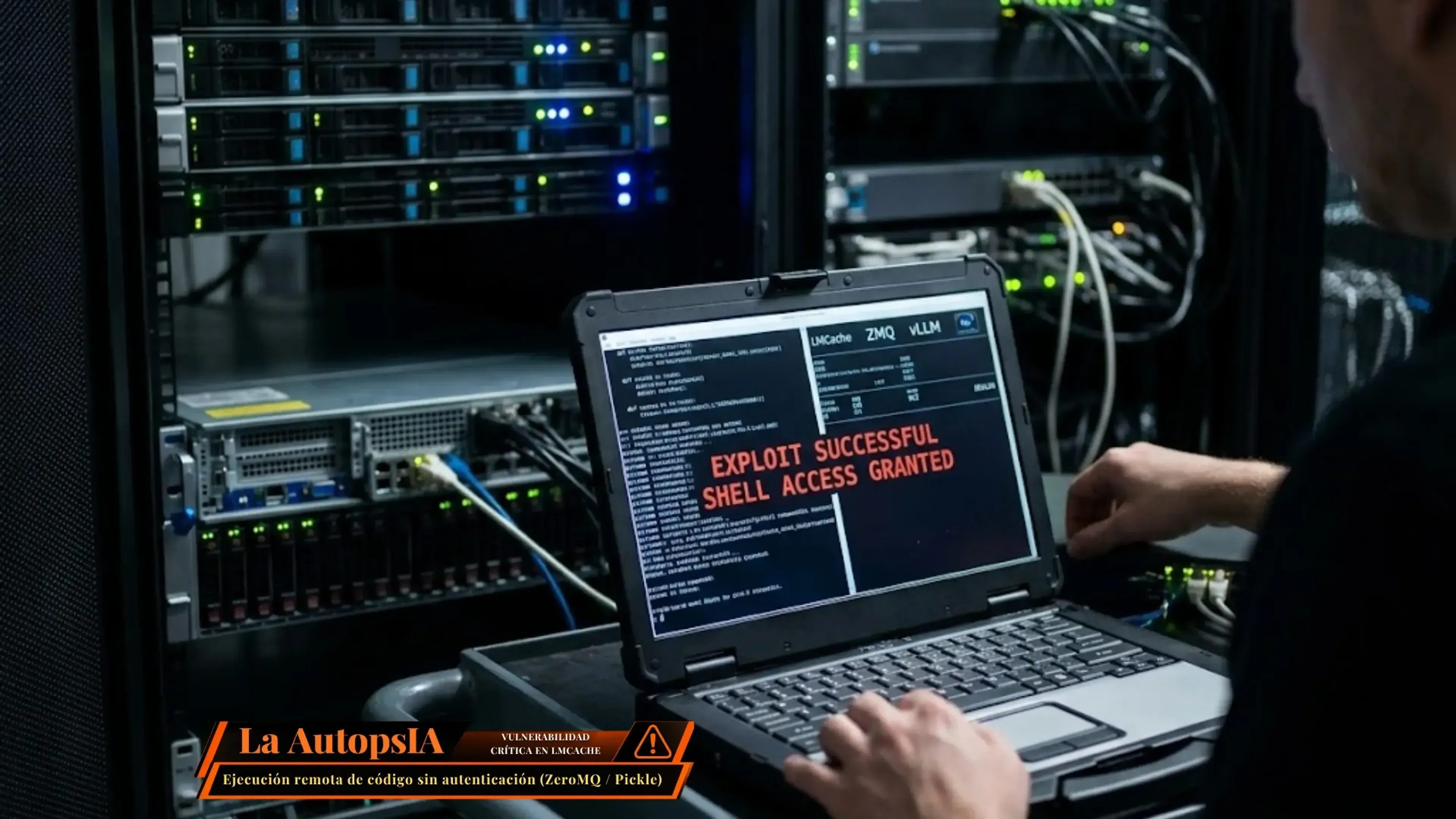 Un técnico frente a un rack de servidores en un centro de datos examina un portátil con un mensaje de alerta en rojo sobre un exploit exitoso y acceso concedido, ilustrando una intrusión en sistemas vulnerables de LMCache.