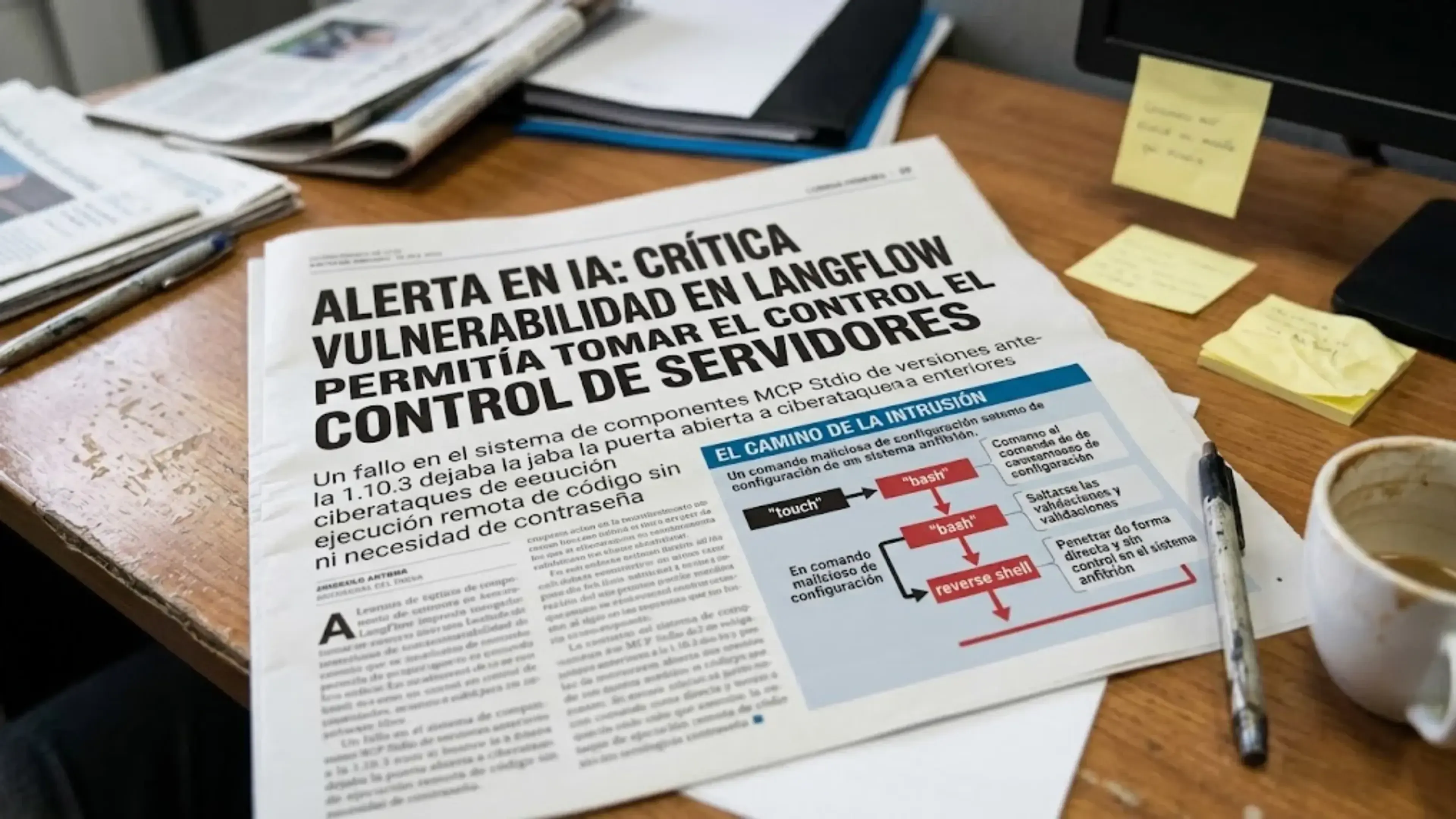 Periódico en un escritorio con el titular Alerta en IA: crítica vulnerabilidad en Langflow permitía tomar el control de servidores. Muestra un gráfico sobre el camino de la intrusión al lado de un bolígrafo, notas y una taza de café.