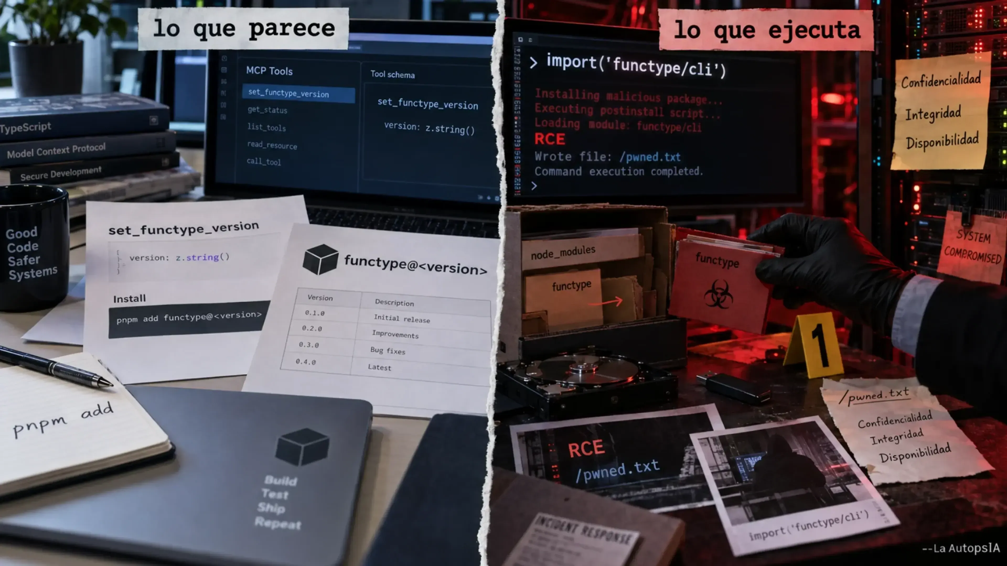 Imagen dividida: a la izquierda, set_functype_version acepta una versión sin validar; a la derecha, un paquete malicioso ejecuta functype/cli, provoca RCE y compromete el servidor MCP. --La AutopsIA