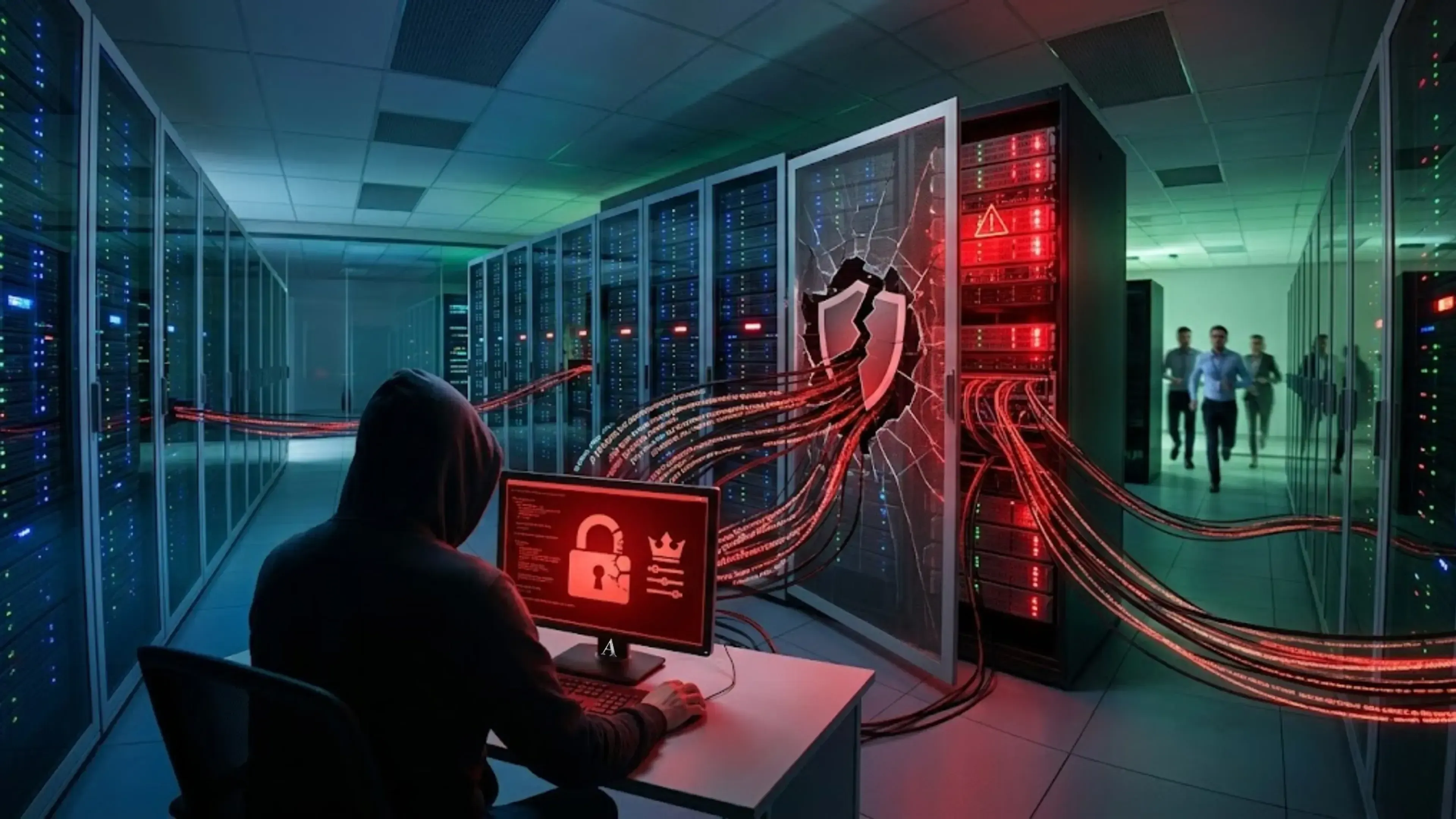 Un intruso encapuchado en un centro de datos. Un flujo de datos rojos viaja desde su monitor hasta un rack de servidores Massimo, cuya puerta de vidrio se rompe en forma de un escudo partido, simbolizando una violación de seguridad.