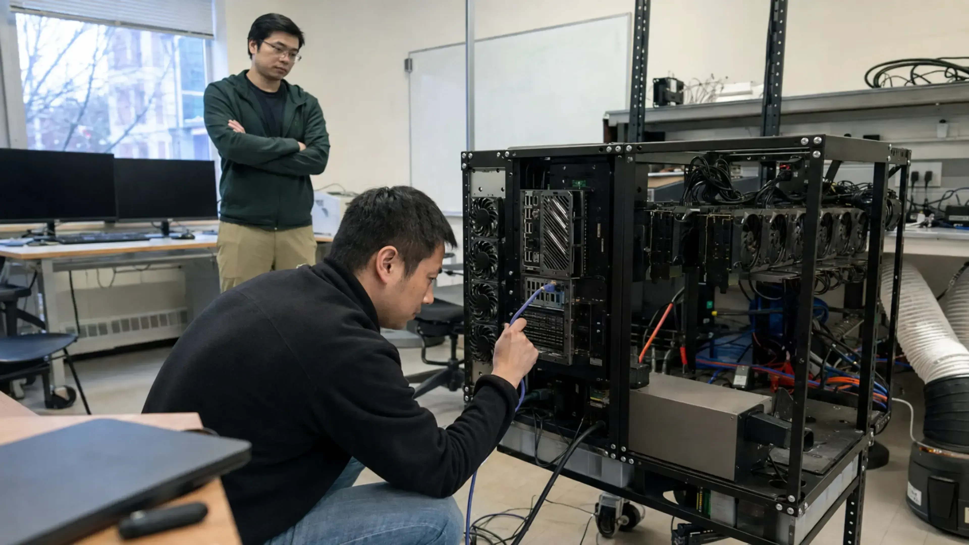 Dos técnicos aíslan de la red un servidor de inferencia con varias GPU en un laboratorio. Uno desconecta el cable Ethernet del equipo mientras el otro observa la operación.