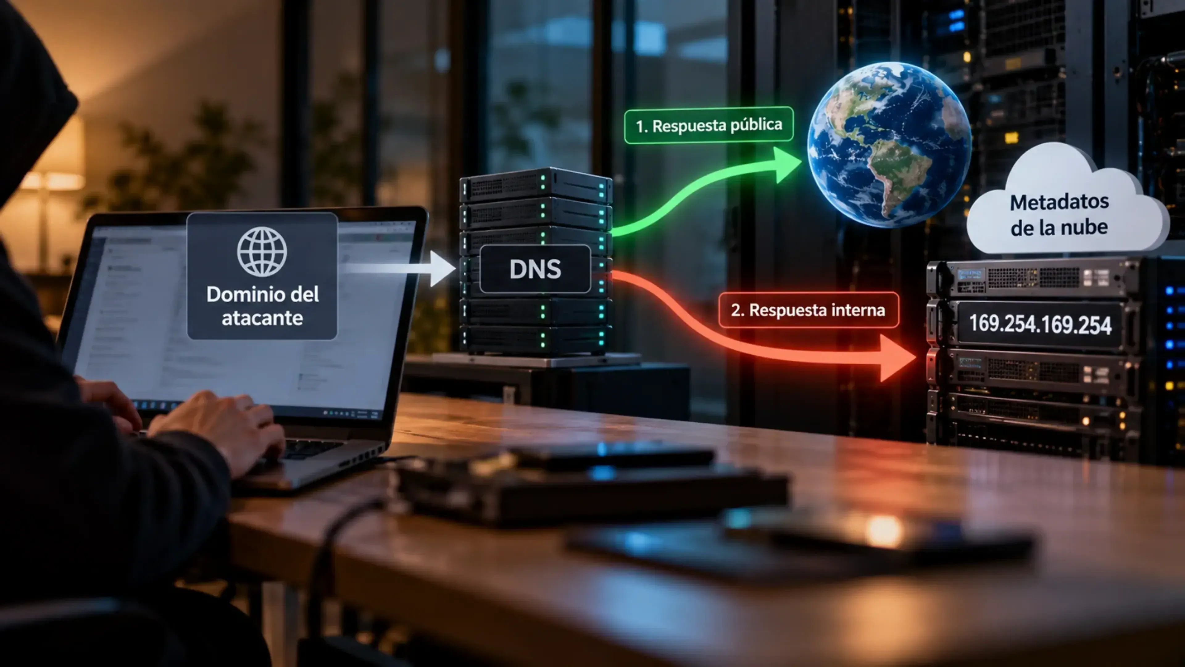 Imagen conceptual del fallo SSRF en SiYuan: un dominio atacante supera la comprobación DNS con una IP pública y redirige después la conexión hacia servidores internos y metadatos de nube.